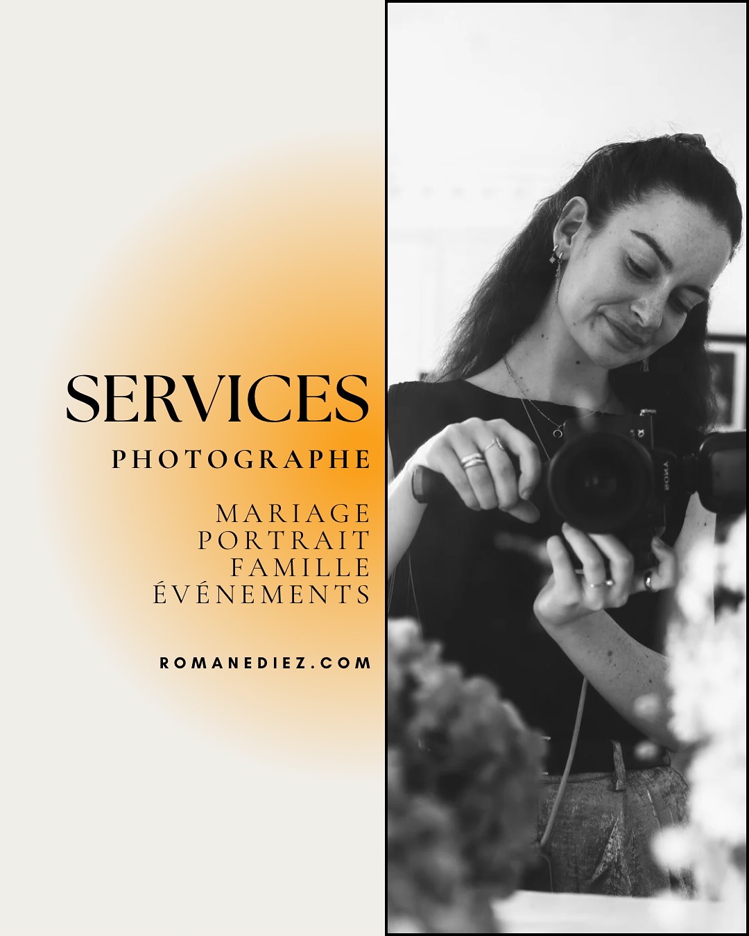 Hello ! Je vous présente ici les services de photographies que je propose aux particuliers et aux professionnels 🔥
Je suis disponible par mail si vous souhaitez échanger à propos d'une séance en couple, en famille ou du reportage d'un événement dont vous souhaitez garder des souvenirs !
💛 A très bientôt !
Romane