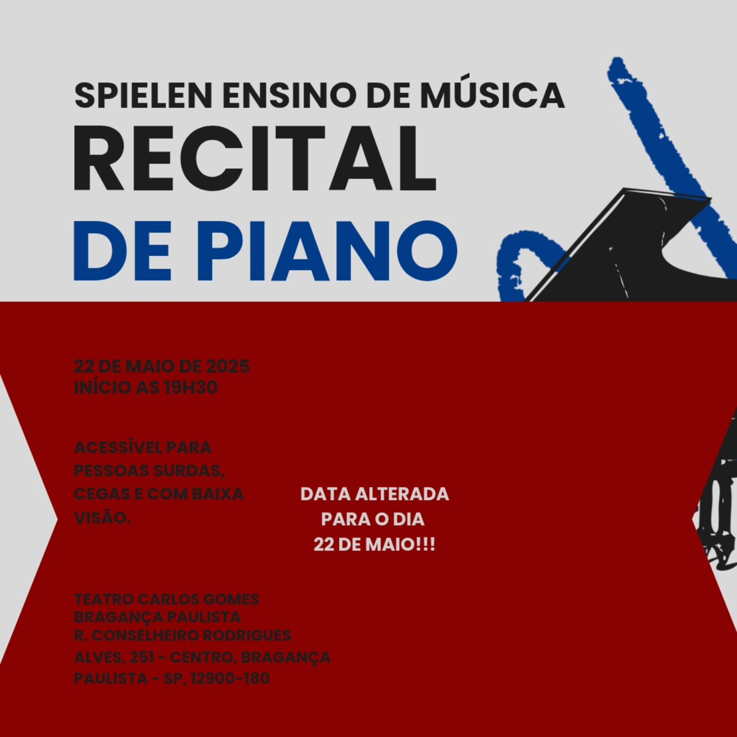Venha prestigiar uma noite especial, cheia de emoção e diversidade musical!
📅 Data: 22 de maio (quinta-feira)
⏰ Horário: 19h30
📍 Local: Teatro Carlos Gomes – Bragança Paulista, SP
🎵 Repertório variado: Clássico, Rock, Pop e Contemporâneo
♿ Acessível para todos: Pessoas surdas, cegas e com baixa visão
📖 Partituras em Braille disponíveis para o público conhecer
🎟 Entrada: 1kg de alimento não perecível (será entregue a uma instituição de caridade)
Venha viver essa experiência única e se emocionar! 💙🎹
#RecitalInclusivo #PianoParaTodos #MúsicaSemBarreiras #RecitalDePiano #BragançaPaulista #AcessibilidadeNaMúsica