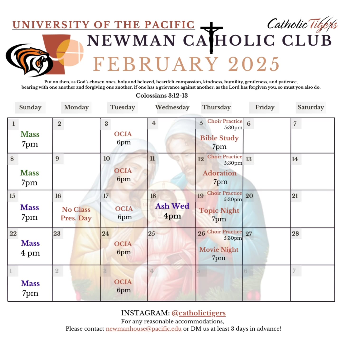 Hi Tigers! Here is our calendar of events for February ✨️
PLEASE NOTE MASS TIME FOR FEBRUARY 22ND (4 PM)