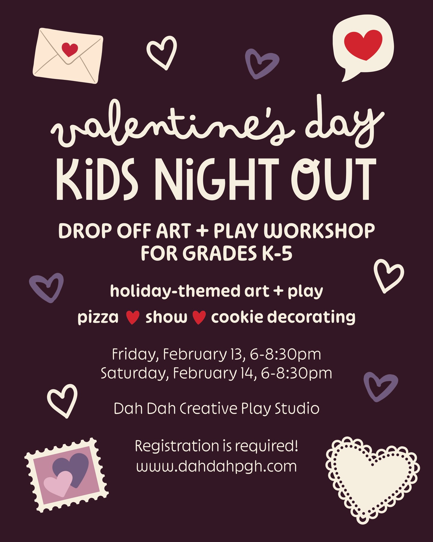 Who’s ready to get their kids out of the house? 😵💫 We have two drop off opportunities coming up! Kids Night Out art + play workshop February 13 and 14 and Decodan (with updated age range 6-12!) THIS Sunday February 1, 6-7pm 💝 Get a spot at the link in bio.