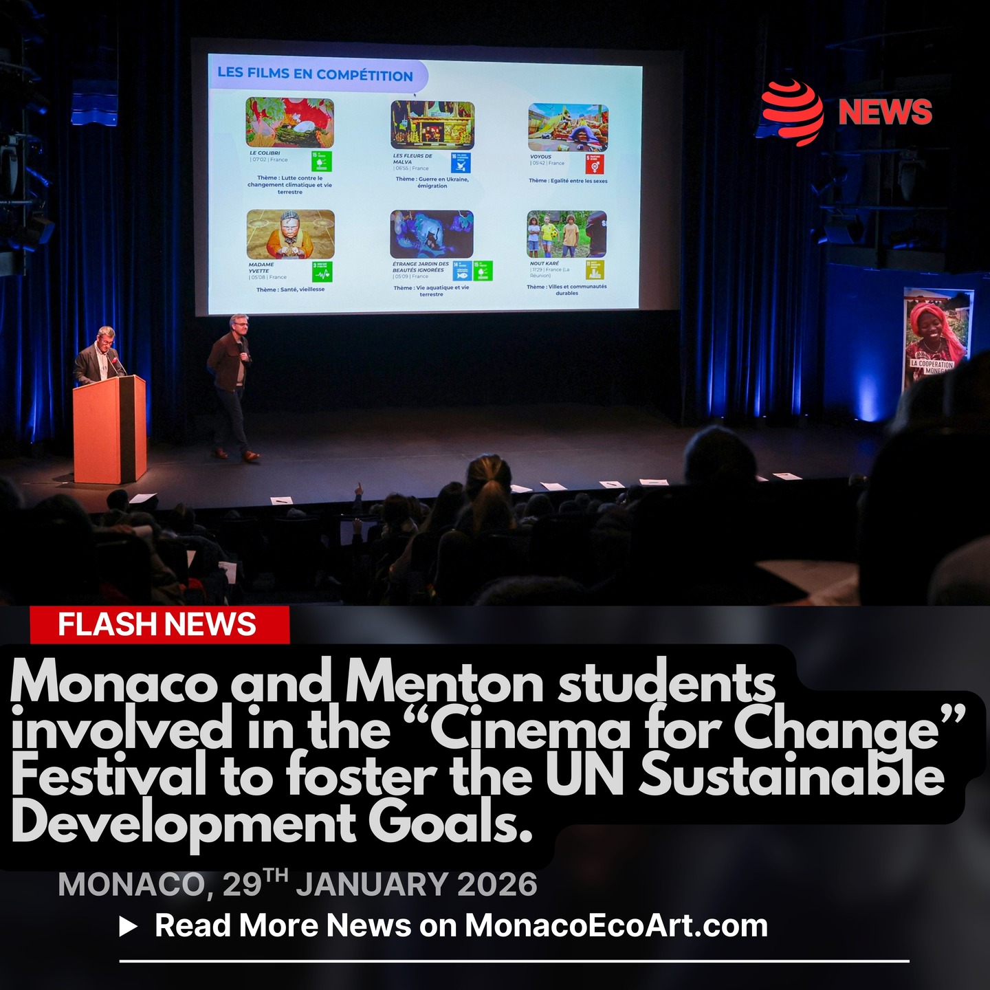 @mo.eco_art #flash #news #festival #cinema #sustainability 🎬🆗 On the 29th January 2026, about 400 #students from eighteen clases from the Principality of Monaco gathered at Théâtre des Variétés to check and #select their favourite short films among six finalists in the #category “Prix des Enfants” (Children’s Award) within “Cinema for Change” Festival, at its fiftennth edition, under the umbrella of the Prince’s Government – In the evening #section, university #students from the Sciences Po Campus in Menton, debated in order to elect their favourite among five preselected choices, in the category “Prix des Etudiants” (Student’s Award) 🎥🌱 For the 15th consecutive year, the Directorate of International Cooperation has been supporting the three Category Youth Awards (Children, Middle school/High school students and Academic Students) with the aim of raising #awareness on major issues of #sustainable development and international #solidarity through short movies coming from all over the world to tackle the United Nations Sustainable Development Goals (SDGs), included in the Agenda 2030 🗣️🎞️ Marc Obéron, founder of the festival, expressed satisfaction for the fruitful parternships that has lasted since 2014, contributing to make next generations more responsible and aware of social, economic and environmental issues 📥🇲🇨 The votes of Monaco’s students will be added to those of the other children in the same network, notably in France and in seven partner countries of the Monegasque Cooperation: Burkina Faso, Burundi, Madagascar, Mali, Morocco, Mauritania and Tunisia 🏆The “Cinema for Change” Awards Ceremony of the will be held on the 11th April 2026, in Paris 📸 Copyright: © Direction de la Communication @gvt_monaco - Layout and Contents: © MonacoEcoArt