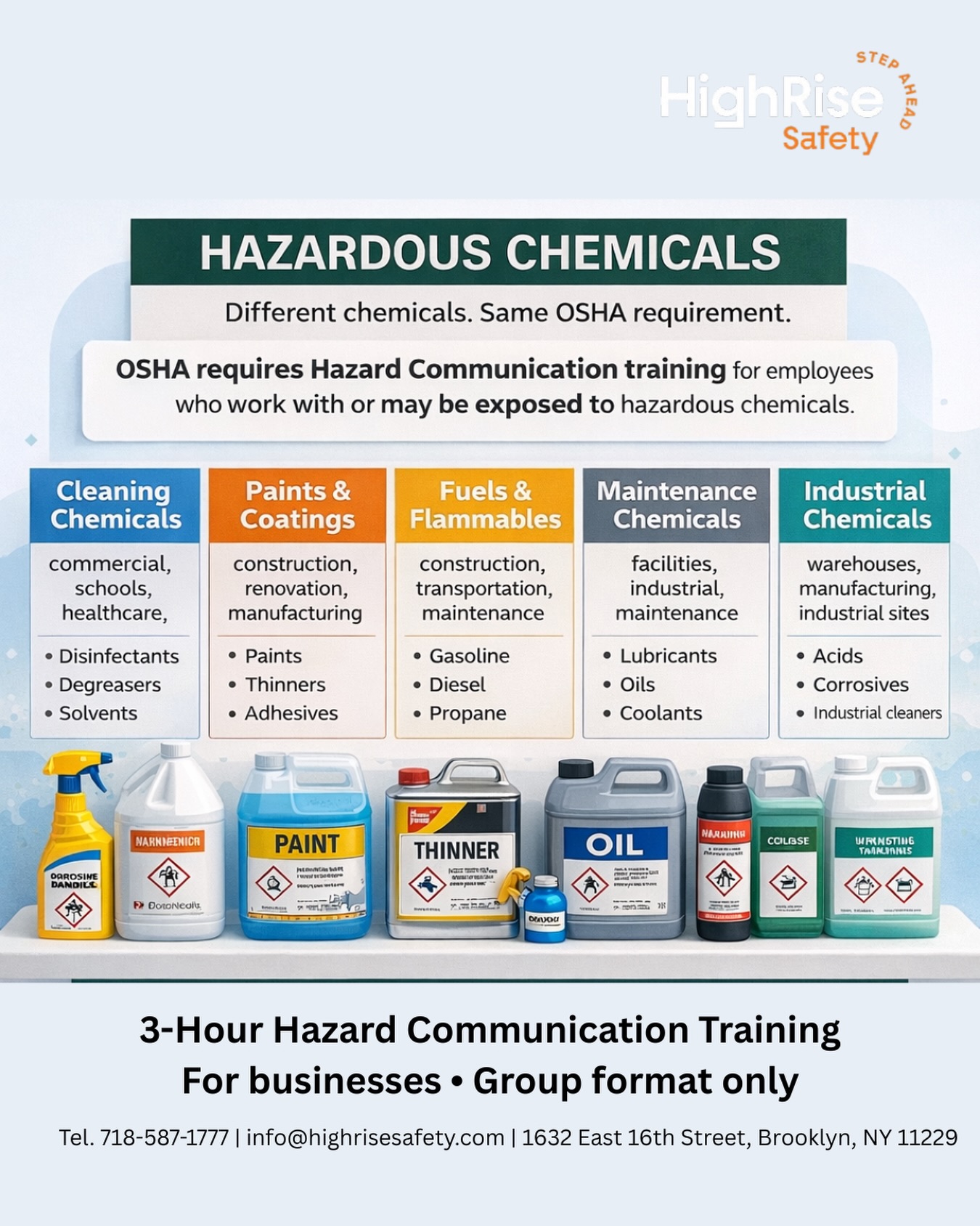 If your employees work with cleaning products, paints, fuels, maintenance or industrial chemicals,
Hazard Communication training is not optional — it’s an OSHA requirement.
📞 718-587-1777
✉️ info@highrisesafety.com
📍 Brooklyn, NY