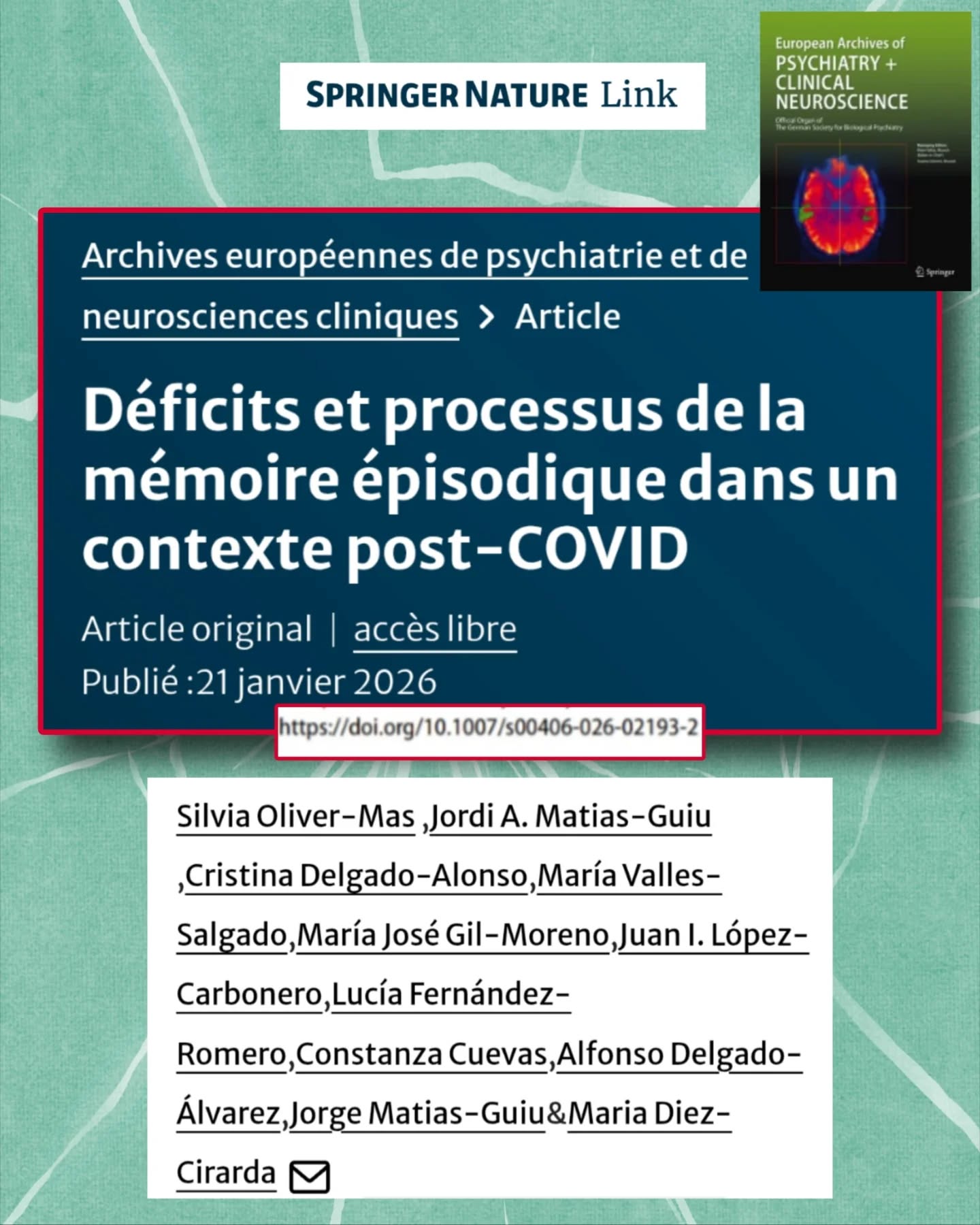 🧵🧠#CovidLong & mémoire
Une nouvelle étude (2026) analyse en détail les troubles de la mémoire épisodique chez les personnes avec condition post-COVID (PCC)👇
📊L’étude
➡️157 patients avec #CovidLong
➡️74 personnes témoins en bonne santé
➡️Étude transversale avec tests neuropsychologiques approfondis (LASSI-L, FCSRT, OT-SRT) + questionnaire subjectif (FLEI).
⏳Les patients ont été évalués en moyenne 17 mois après l’infection.
Profil clinique :
• 50,6 % anxiété
• 30,3 % dépression
• 89 % troubles du sommeil
• 89 % fatigue
• 23,9 % troubles de l’odorat
🧠Plaintes cognitives massives
84,3 % des patients rapportent des capacités cognitives en dessous de la moyenne.
En détail :
- Mémoire : 87,6 %
- Attention : 86,3 %
- Fonctions exécutives : 63,4 %
🧪Résultat clé
Les patients #CovidLong ont de moins bonnes performances à tous les tests de mémoire épisodique que les témoins (différences hautement significatives).
🔍Qu’est-ce qui est atteint exactement ?
Les chercheurs montrent des déficits dans :
- l’encodage initial (apprendre l’info)
- l’acquisition et le stockage
- la récupération des souvenirs
👉Les indices/aides n’améliorent que partiellement les performances.
⚠️Point important
La mémoire des patients est très sensible aux interférences (nouvelles infos qui “écrasent” les anciennes) → phénomène appelé interférence sémantique rétroactive.
🔗Lien avec les autres fonctions cognitives
Les performances de mémoire sont :
- modérément corrélées à l’attention et à la vitesse de traitement
- faiblement corrélées au langage et aux fonctions visuospatiales/exécutives
🧩Le test le plus parlant
Le test LASSI-L est celui qui correspond le mieux aux plaintes subjectives des patients.
Le test OT-SRT est le moins influencé par les troubles attentionnels.
📌Conclusion des auteurs
Le #LongCovid entraîne de véritables atteintes neurocognitives mesurables, pas seulement une impression subjective.
Ces résultats sont essentiels pour :
✔ mieux diagnostiquer
✔ adapter la rééducation cognitive
✔ reconnaître le handicap invisible lié au Covid Long
⏬Suite en commentaire⏬
