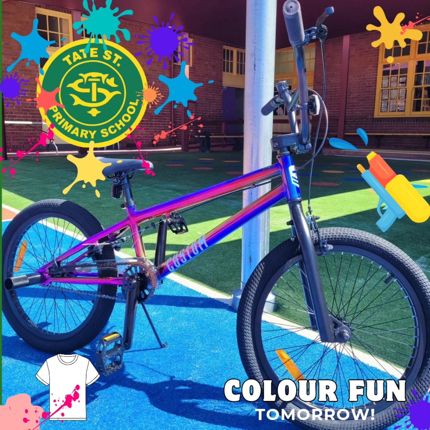 Colour Fun is tomorrow! We have added an awesome new BMX bike to the prize pool with huge thanks to @theircareaustralia. This is in addition to the 12 Element complete skateboards, 20 junior fishing kits and assorted minor prizes. All prizes will be drawn directly after the Colour Fun so be sure to stick around!
A few reminders:
- $5 to the office for raffle entry
- Remember to wear a white t-shirt for maximum effect. This can be worn to school or students can get changed before the event if they'd prefer
- Students are encouraged to bring named water pistols from home for teachers and parents to borrow for the event
- The action will kick off from 1pm and families are all encouraged to come along and join in the fun.
Looking forward to a colourful day tomorrow!