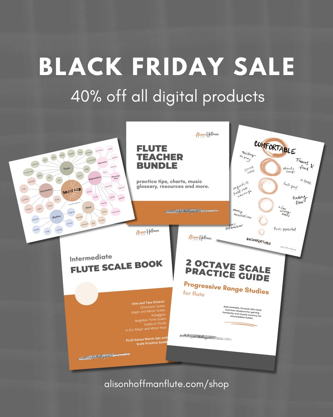 In the spirit of sharing art, this week, take 40% off all digital products in my shop, including:
- Flute and Music Teacher Bundles
- Intermediate Flute Scale Book
- 2 Octave Scale Practice Guide: Progressive Range Studies for flute
- Printable Graphics/Posters
Plus, get free shipping on physical books with code BLACKFRIDAY24
I want music resources to be accessible to as many people as possible. By supporting your own music practice or your teaching studio with these resources, you'll also be supporting this queer woman-owned small business. By purchasing my paid products, it helps me create more free resources for the music community.
I really appreciate you for being here! I hope you get some extra creative time and rest this week. :)