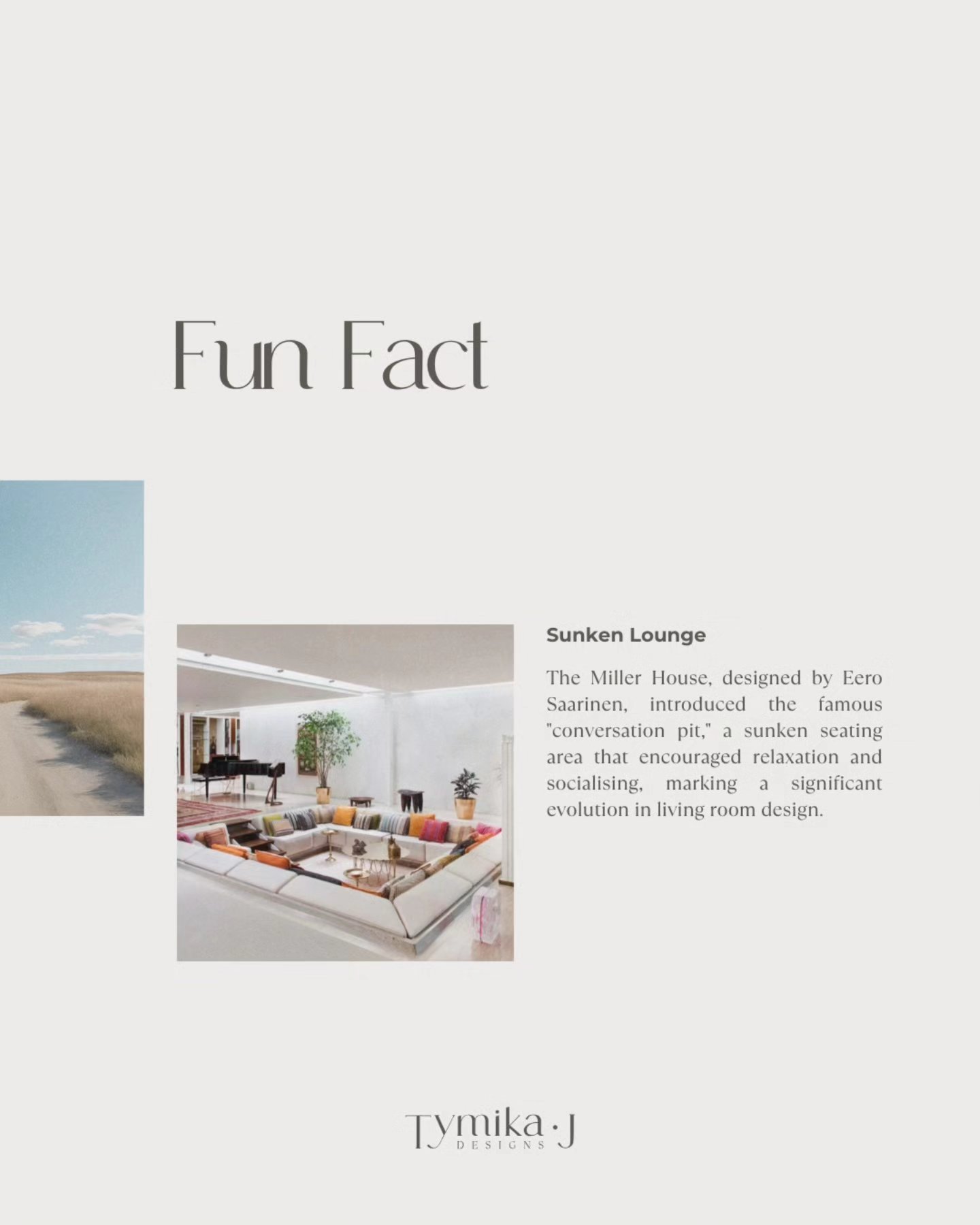 Fun Fact!
Eero Saarinen was a Finnish-American architect known for his innovative designs, not only did he turn thing up with the sunken lounge for his era (50's - 60's), he also had an extensive portfolio including the Gateway Arch, TWA Flight Centre, and Dulles International Airport.
#interiordesign #interiordesigner #interiordesigninspiration #funfact #architecture
