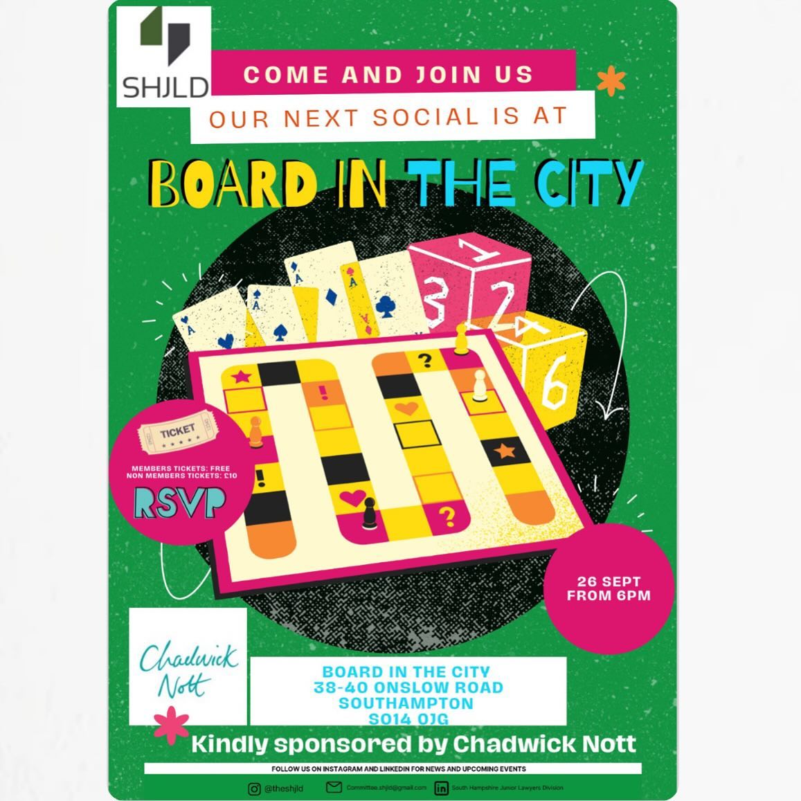 🎲♟️We would like to invite you to join us for our next social on 26 September 2024 @ Board in the City, Southampton from 6pm for an evening of games, networking and refreshments! 🎲♟️
The event has kindly been sponsored by @chadwick_nott and it would be great to see as many of you as possible for an enjoyable evening
Tickets are FREE for members and £10 for non-members. If you are a non-member and wish to attend, please indicate this on your RSVP. 💚🤩