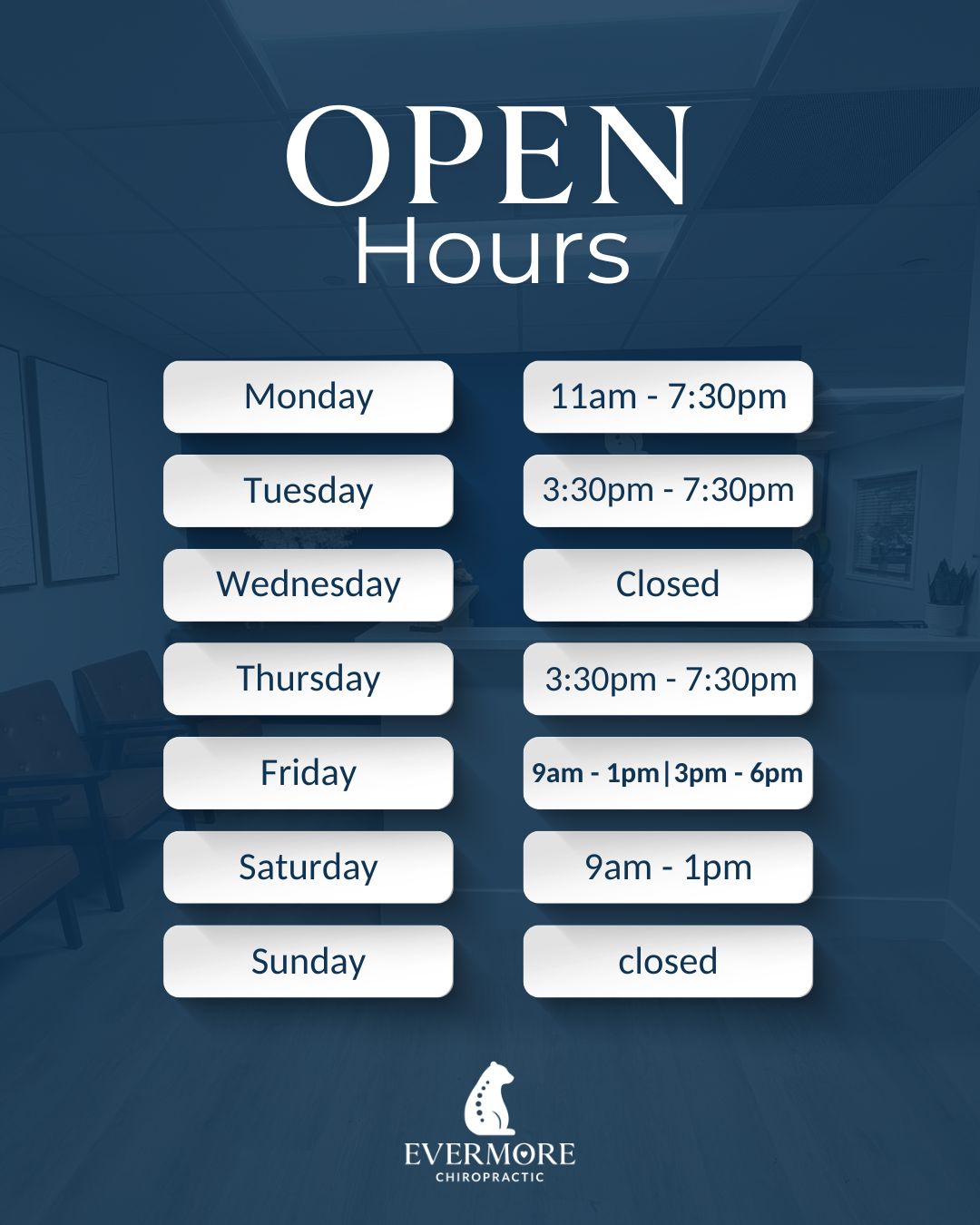 Your body called. It wants an adjustment. ☎️✨
Here’s when we’re around to help you feel looser, lighter, and a whole lot better.
Whether you’re squeezing in a quick after-work visit, sneaking away on a Friday, or treating yourself to a Saturday tune-up, we’ve got a time that fits real life. 💆♀️🌀
Book when it works for you and we’ll handle the rest. 💙
(Yes, even those tight spots you’ve been ignoring.) #boyntonbeach #boyntonbeachfl #boyntonbeachflorida #boyntonbeachchiropractor