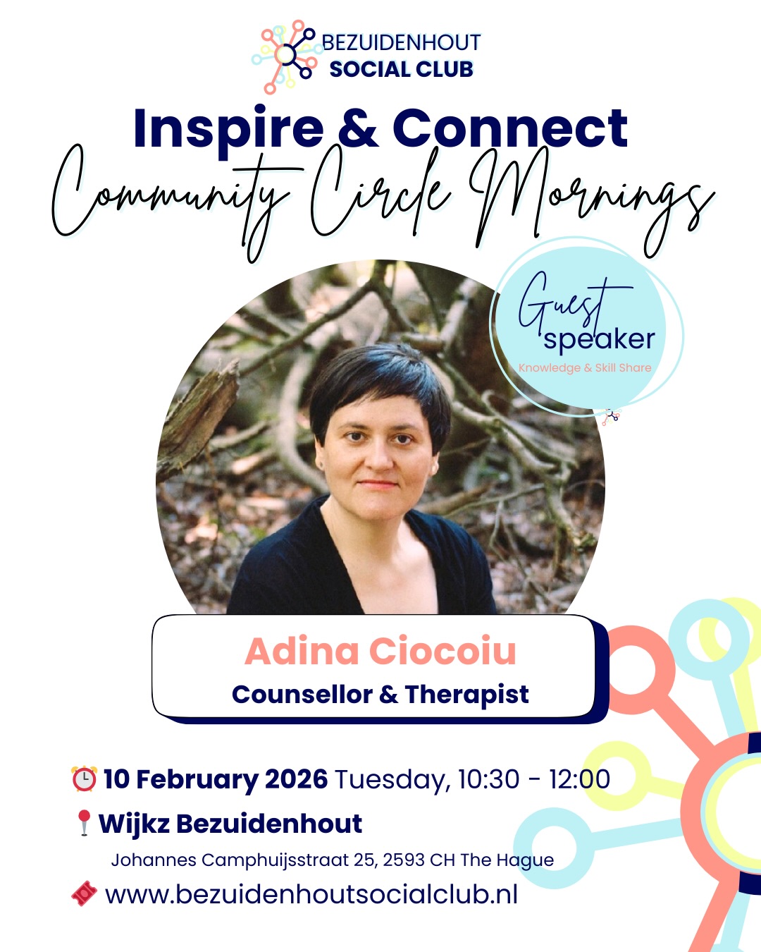 ✨ Inspire & Connect ✨ February Community Circle
What happens when we slow down and truly listen — to ourselves and to one another?
Join us for a gentle Community Circle Morning of reflection, shared learning, and meaningful connection.
We’re delighted to welcome Adina Ciocoiu, counsellor & therapist, who will guide this nourishing space focused on awareness, presence, and the body–mind–spirit connection.
Come as you are.
Leave feeling more connected.
Everyone is welcome. 🤍
Please check the link in our bio here 👉🏼 @bezuidenhoutsocialclub
#BezuidenhoutSocialClub #InterLocals #Bezuidenhout #TheHague #internationalcommunity