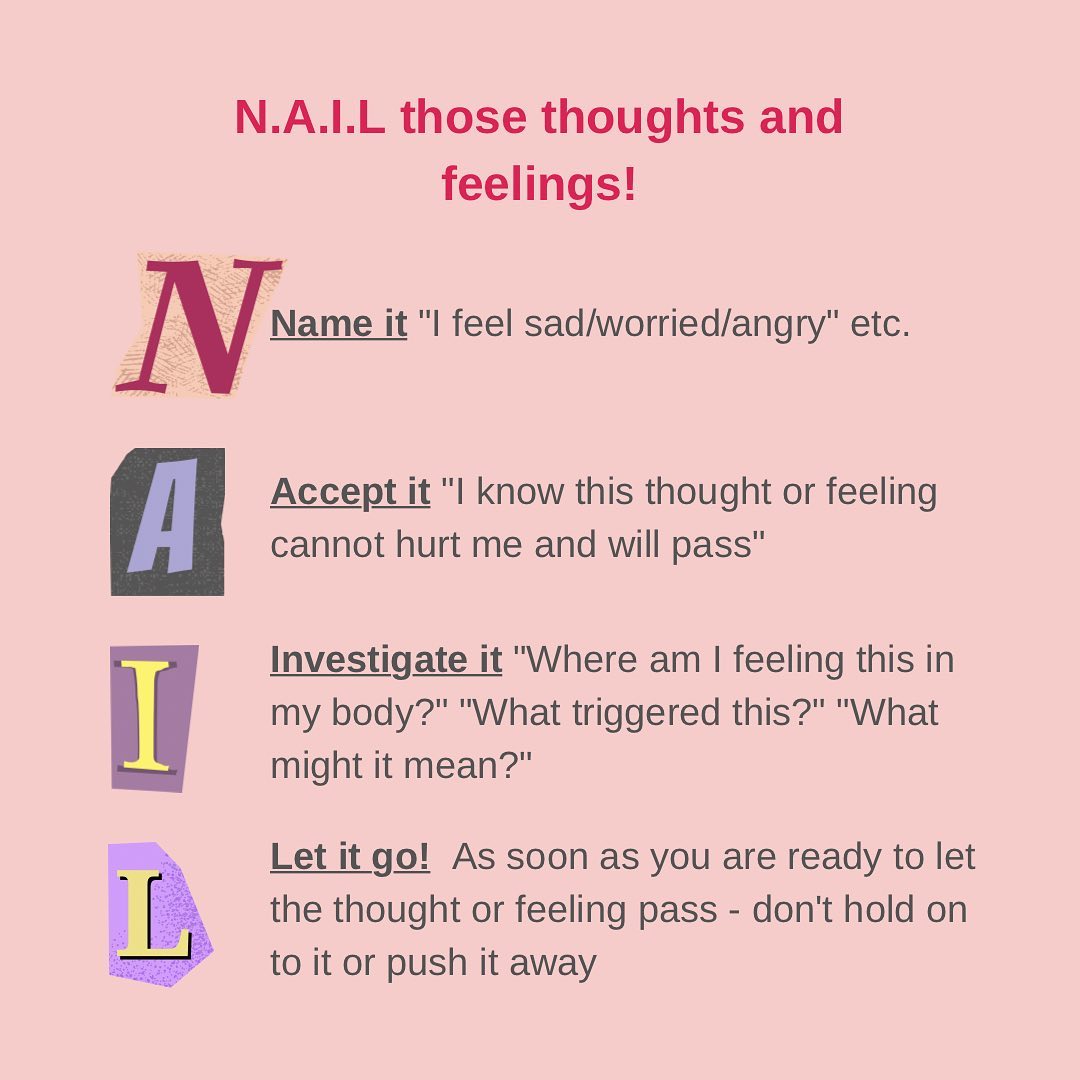 Here’s another quick tip to help manage overwhelming thoughts or feelings 🤓 It’s a simple acronym N.A.I.L to help you, a child or young person begin to explore those unhelpful thoughts and feelings in a simple 4 step strategy! Give it a go, what’s the best that could happen as a result of trying it out?! I’d love to hear how you get on with it so please do get in touch to share your feedback! Or if you’d prefer to have a chat about how I can help you or your child - contact details are in my bio 🥰 #nlppractitioner #nlp4kids #believeinyourself #childrensmentalhealth #childrensmentalhealthmatters #childtherapy #childtherapywiltshire #liveyourbestlifenow #childrenemotionalsupport #childemotionalwellbeing #copingskills