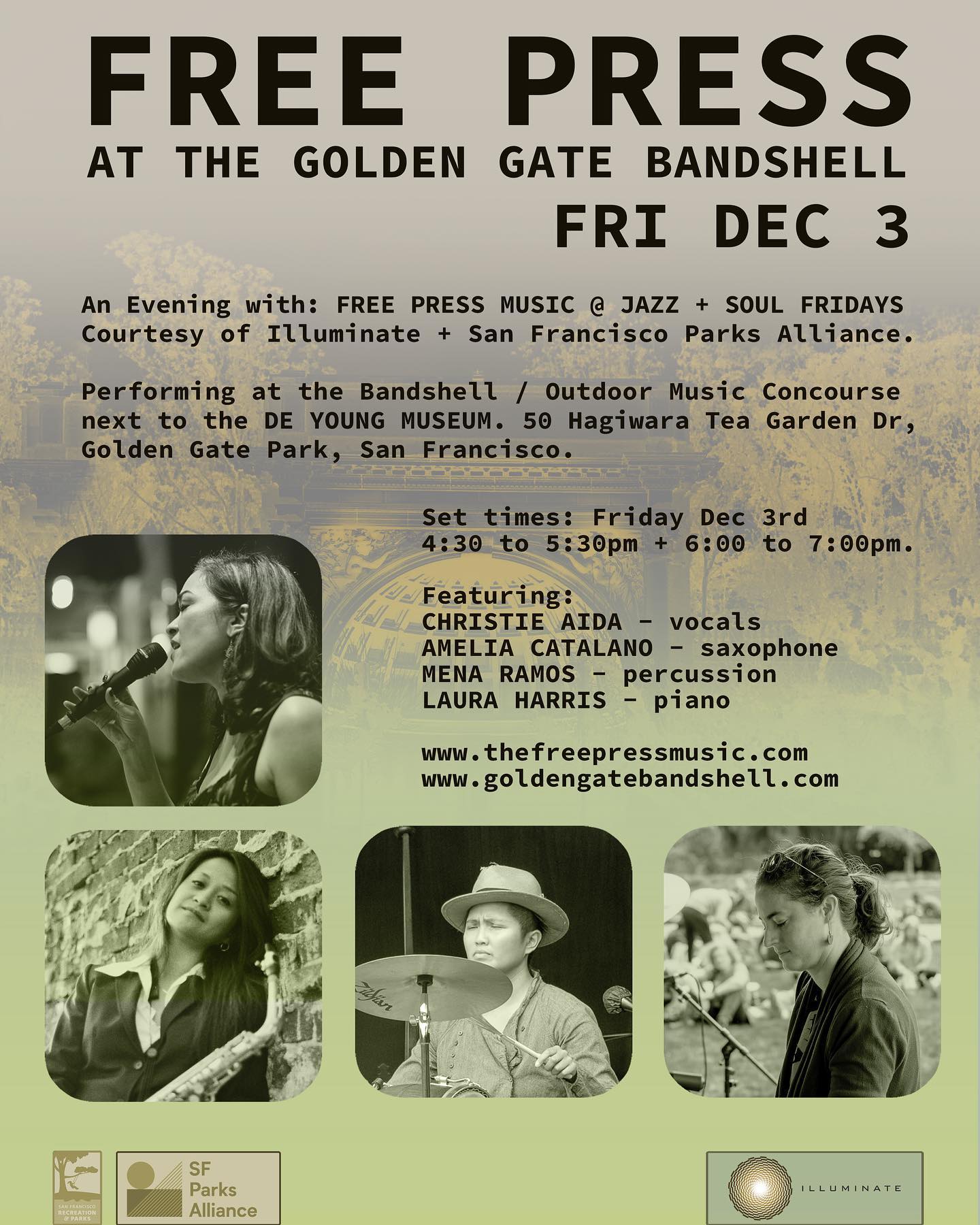 FPM (@thefreepressmusic) all #female/#Filipina edition at the #SF #goldengatepark #bandshell sponsored by @sfparksalliance @sfrecpark & @illuminatethearts . #December 3, #2021 #Jazz and #Soul #Friday next to @deyoungmuseum @thefreepressmusic #blues #salsa #tango #philippines #chavelavargas