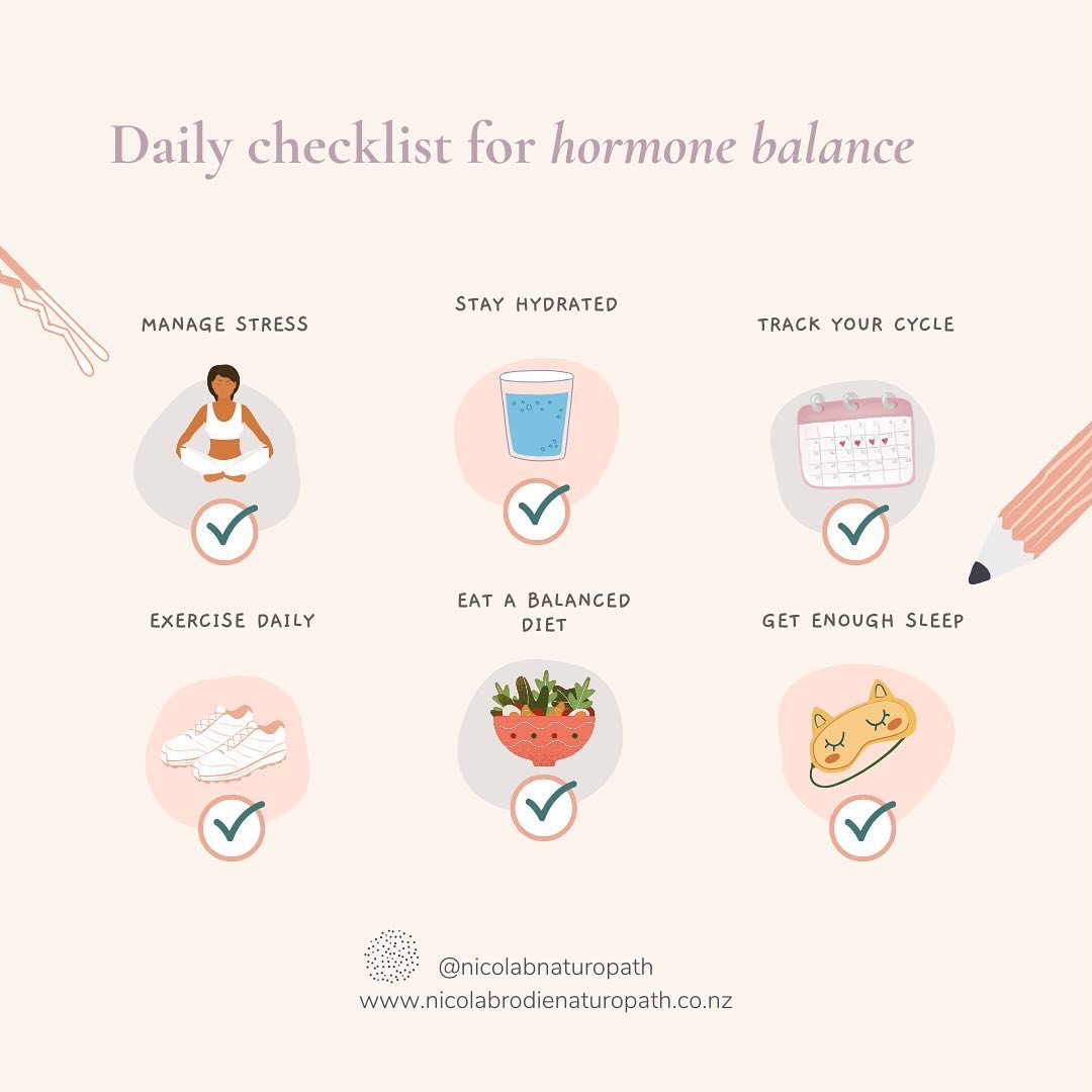 š Daily Hormone Health Checklist š
š Manage Stress Levels:
- Practice daily mindfulness or meditation
- Engage in regular physical activity
- Breathe deeply and take some time out
š¦ Stay Hydrated:
- Drink 8 glasses of water a day
- Reduce caffeine and sugary drinks
š Eat a Balanced Diet:
- Include plenty of leafy greens and colourful veggies
- Incorporate healthy fats from avocados, nuts, and fish
- Maintain steady blood sugar with whole grains and lean proteins
š§ Exercise Daily:
- Aim for 30 minutes of gentle or moderate exercise
- Do a mix of cardio and strength training and flexibility exercises
š
Track your cycle:
- Keep track of your monthly cycle and symptoms
- Note any changes in mood and energy levels
šæ Get enough sleep:
- Prioritise sleep to keep cortisol levels in check
- Get at least 7 hours of sleep a night
Prioritise your hormone health! š
#HormoneHealth #WellnessChecklist #BalancedLiving #HealthyHabits #MindfulLiving