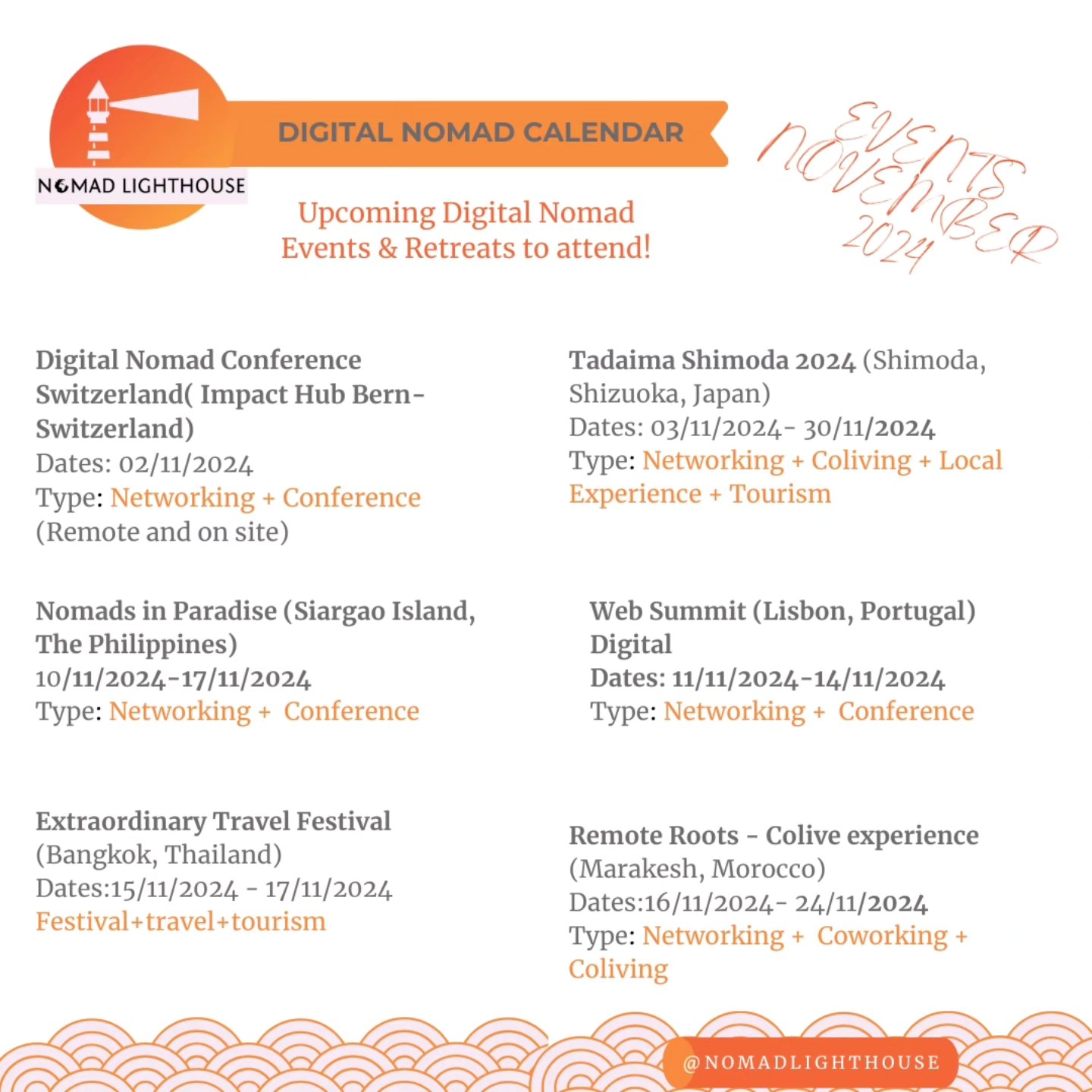 The year is not over yet! Rather late than never, here is our Digital Nomad Events calendar for November 😁
Discover in-person meetups, workshops, retreats and more around the world. Links in the comments!
#NomadLife #digitalnomads #nomadevents #nomadsineurope #digitalnomadlifestyle #nomadfriends #FaceToFaceMeetups #GlobalGatherings #NomadConnections