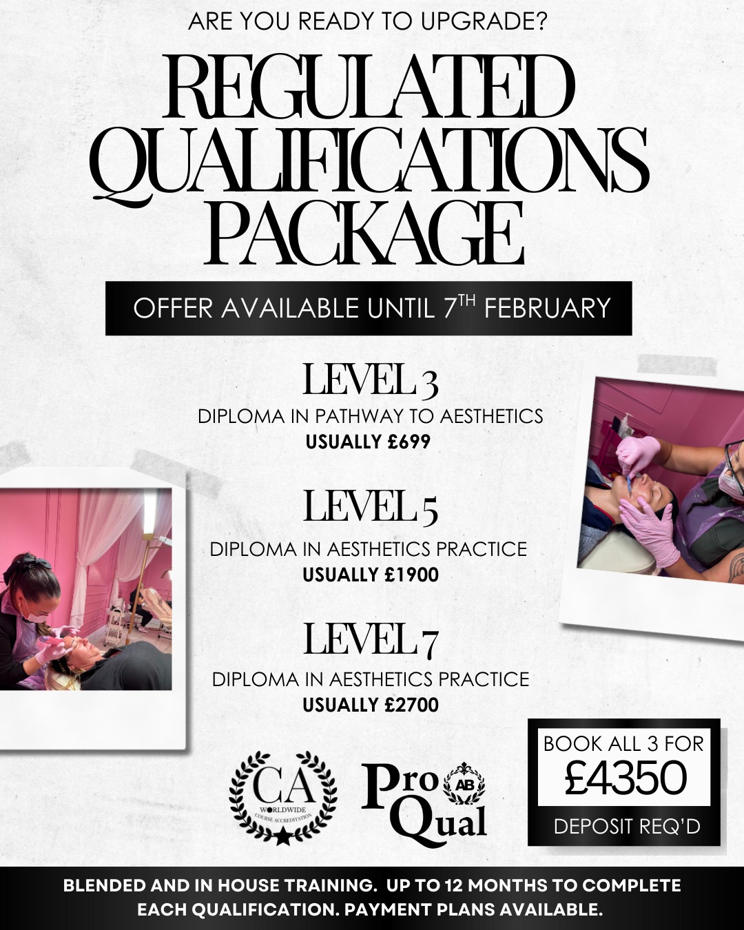 If you’re already in aesthetics… this is your sign to future-proof yourself.
Regulated qualifications aren’t a “nice to have” anymore — they’re where the industry is heading. And the practitioners who act now are the ones who won’t be scrambling later.
This is a limited-time regulated qualifications package designed to take you from entry to advanced — properly, confidently, and with credibility behind your name.
✨ What’s included:
• Level 3 Diploma in Pathway to Aesthetics
• Level 5 Diploma in Aesthetics Practice
• Level 7 Diploma in Aesthetics Practice
Booked individually, this pathway usually costs over £5,000.
Right now, you can secure all three for £4,350.
✔️ Ofqual-regulated
✔️ Blended + in-house training
✔️ Up to 12 months to complete each level
✔️ Payment plans available
✔️ Learn while you earn — no pressure, no rush
This is for practitioners who are serious about longevity, not just quick certificates. The ones who want to feel confident when regulations tighten, insurers change, and clients start asking “what level are you qualified to?”
⚠️ Offer available until 7th February only
If you’ve been waiting for the right time to upgrade your qualifications… this is it.
📩 DM “LEVELS” to secure your place