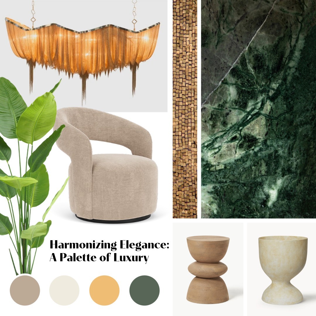 A dance of textures and hues unfolds in this mood board, where soft neutrals embrace the richness of green marble and the glow of golden accents.