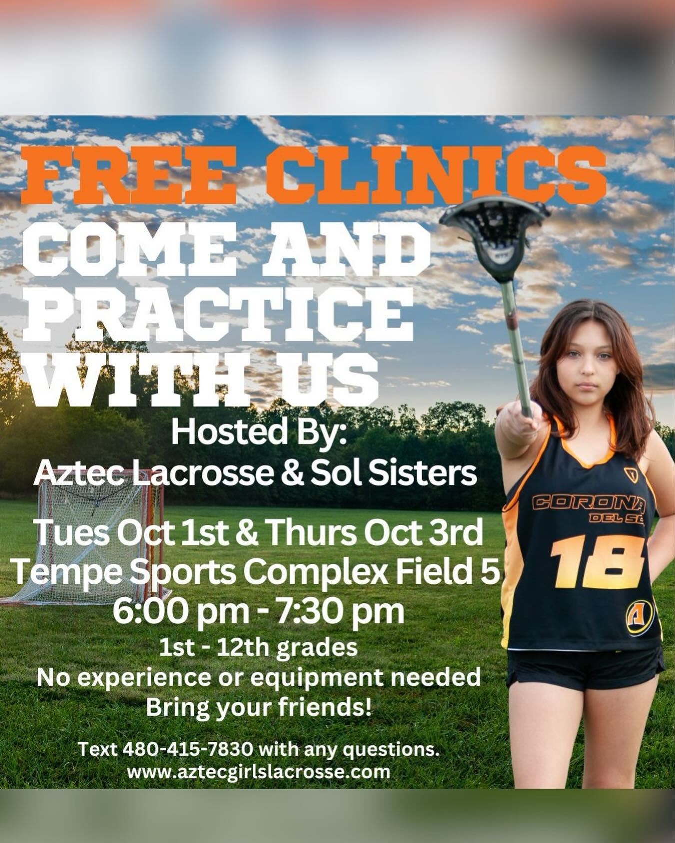 Join us starting this Tuesday and Thursday for a free lacrosse clinic! No experience required!