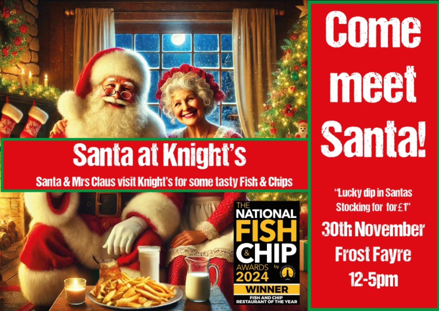 🎅🤶Santa's Claus is coming to Knights 🤶🎅
£1 for lucky dip in Santa's Stocking.
Win treats, vouchers and discounts!
ALL FUNDS RAISED will go to charity.
#SantaClaus
#5starqualityaward #nfff_uk
#fishandchips #winner #fishandchiprestaurantoftheyear #restaurant #fireplace #cozy #fish #fishrestaurant #realchips #freshfish
#fishandchipawards #sustainability #awardwinning #familybusiness #est1909 #chippy #knightsfishandchips #knightsofglastonbury #glastonbury
#seafoodrestaurant #oldfamilybusiness #5generations #clickandcollect #delivery