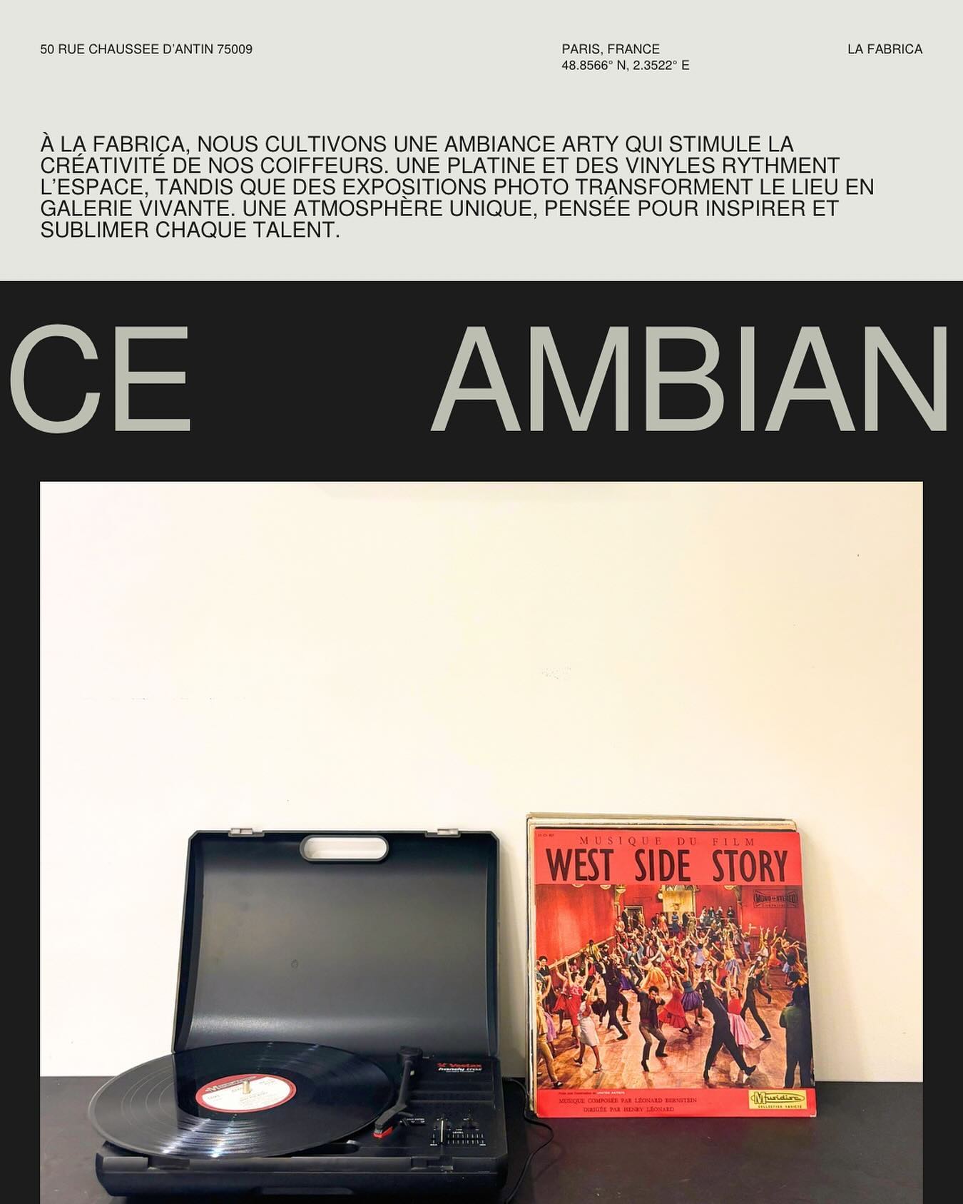 🎶💇🏽♀️ À La Fabrica, la créativité est au cœur de tout !
Entre une platine qui diffuse des vibes inspirantes, des vinyles soigneusement choisis et des expos photo qui transforment nos murs en galerie d’art, l’ambiance arty est au rendez-vous.
Un espace pensé pour que chaque coiffeur puisse exprimer son talent dans un cadre unique. ✂️✨
#lafabrica #artetcréation #coiffureinspiration