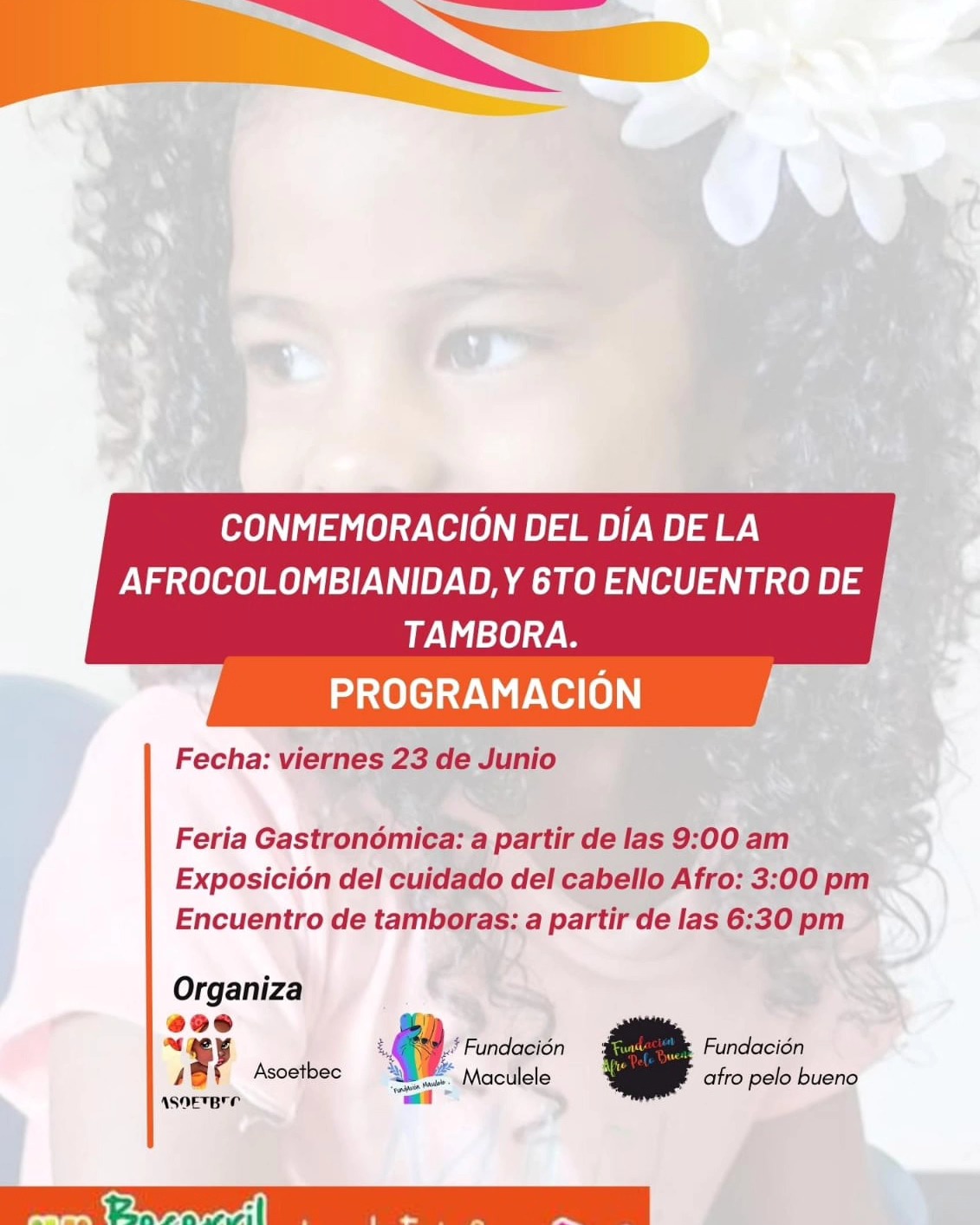 👩🏽🦱 Conmemoración del Día de la Afrocolombianidad y VI Encuentro de Tambora
✅ Programación:
🔸Feria Gastronómica: 9:00 am
🔸Exposición Cuidado del Cabello Afro: 3:00 pm Fundación Afro Pelo Bueno
🔸Encuentro de Tamboras: 6:30 pm
🗓️ Fecha: viernes 23 de junio de 2023
⌚ Hora: 9:00 am
📍 Lugar: Parque Principal Rafael Orozco
🥳 Celebremos juntos nuestras raíces, nuestra historia, nuestra esencia, nuestra cultura.
👉🏼 Invitan: ASOETBEC, Fundacion Afro Pelo Bueno y Fundación Maculele
🫱🏼🫲🏽 Patrocinan: La administración Municipal Becerril Más Positivo, alcalde Raúl Fernando Machado Luna, y la Oficina de Gestión Social, María Lourdes Pino Amaya.
ℹ️ www.becerril-cesar.gov.co
Twitter: @ALCALDIABECERRIL
Instagram: alcaldiadebecerril
Facebook: Alcaldía Becerril
#BecerrilMasPositivo
#RaulMachadoAlcalde
#NuestraGestionEsConAmor
#ResultadosMásPositivos
#EstamosCumpliendo