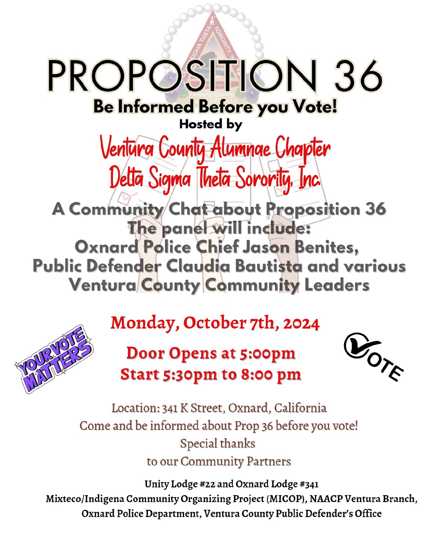 Please join us and community leaders this evening to learn more about Proposition 36.
#knowbeforeyouvote #vote #dstinc1913 #dstfarwestregion #dstvcac #fortitudeonthefrontline #socialaction
