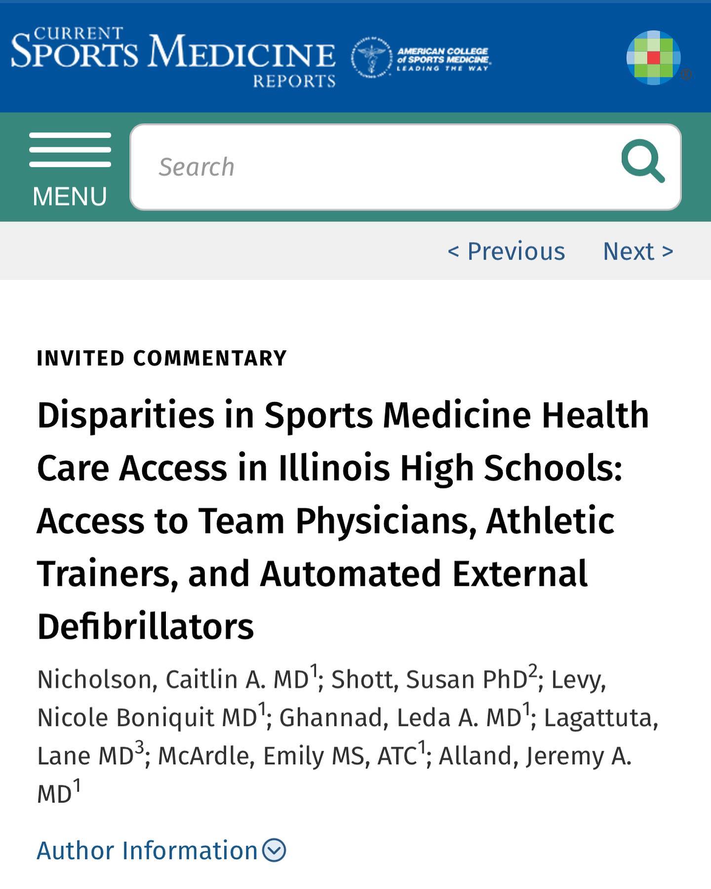 We’re published! Our research on access to medical care in Illinois High Schools is in this month’s Current Sports Medicine Reports. Looking forward to taking the next steps in improving access to care for this population as @shoulderkneedoc and I take over as team physicians for @romeoville_athletics