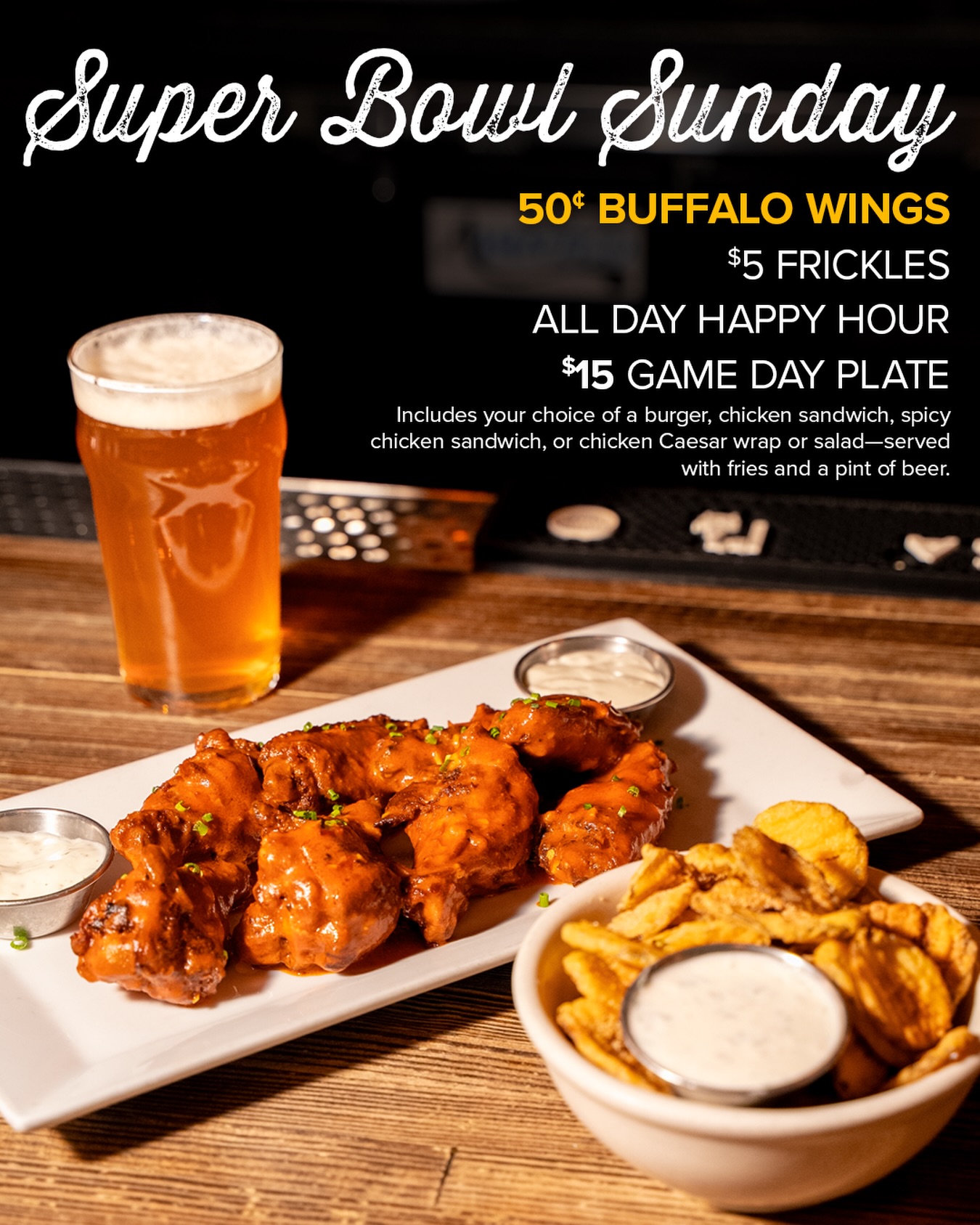 𝗦𝘂𝗽𝗲𝗿 𝗕𝗼𝘄𝗹 𝗦𝘂𝗻𝗱𝗮𝘆 at The Pomeroy 🔥
We’ve got 𝟱𝟬¢ 𝘄𝗶𝗻𝗴𝘀 (mild or hot) with blue cheese and ranch coming in hot all day long 🍗
• 𝗛𝗮𝗽𝗽𝘆 𝗛𝗼𝘂𝗿 𝗔𝗟𝗟 𝗗𝗔𝗬 — $6 beer, $8 wine, $9 select cocktails 🍻
• $𝟭𝟱 𝗚𝗮𝗺𝗲 𝗗𝗮𝘆 𝗣𝗹𝗮𝘁𝗲 — your pick:
Burger, Chicken Sandwich, Spicy Chicken, or Caesar Wrap/Salad — served with fries and a pint 🍔🍟
It’s a full-day playbook at The Pomeroy. No reservations, just pull up.