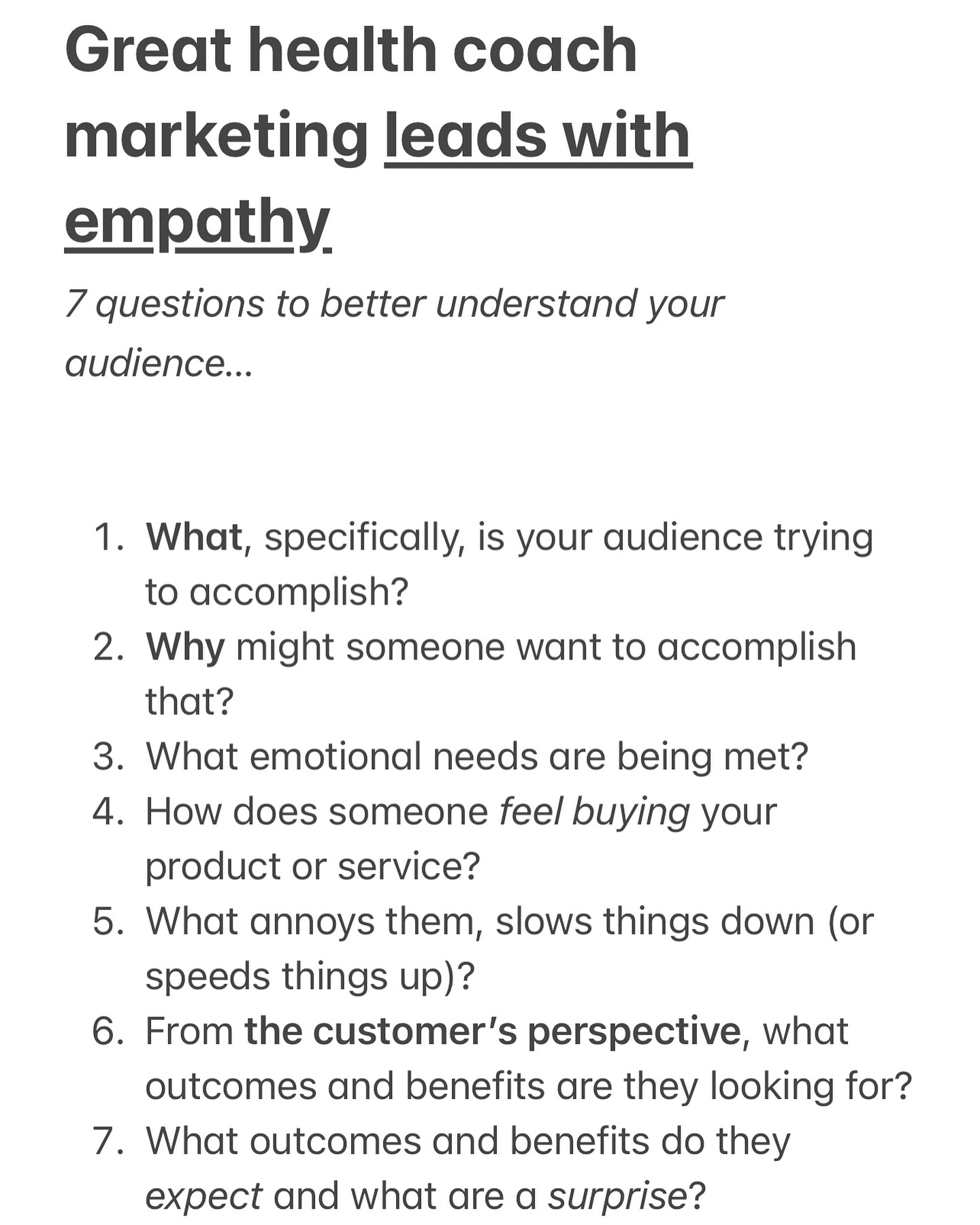 Caption: The more you understand your audience -> empathetic marketing -> happy client experience