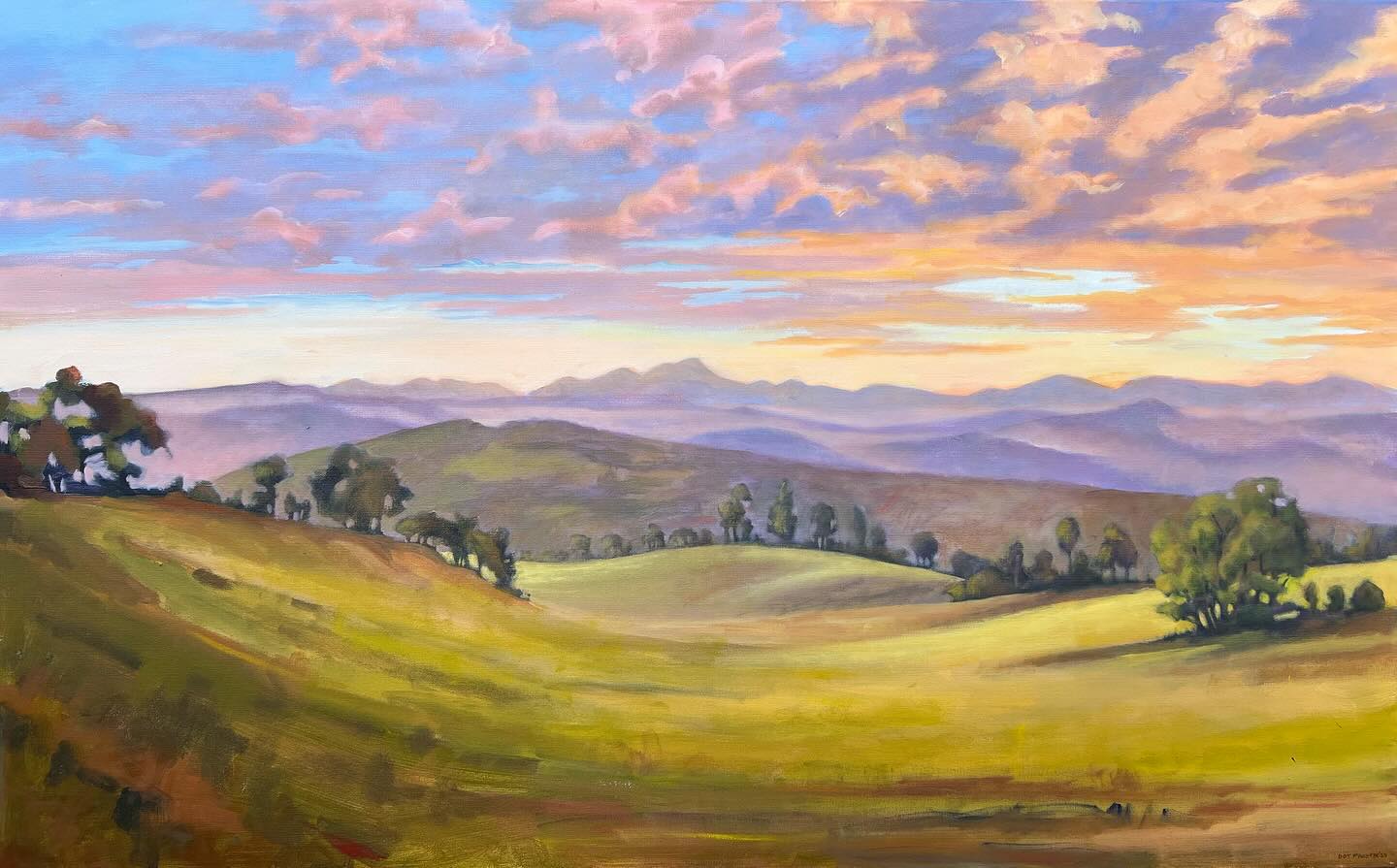 This is a painting of an Umbrian sunset that I started one year ago and just finished this week. I never know when I start a painting how long it will take! Each painting is an adventure!