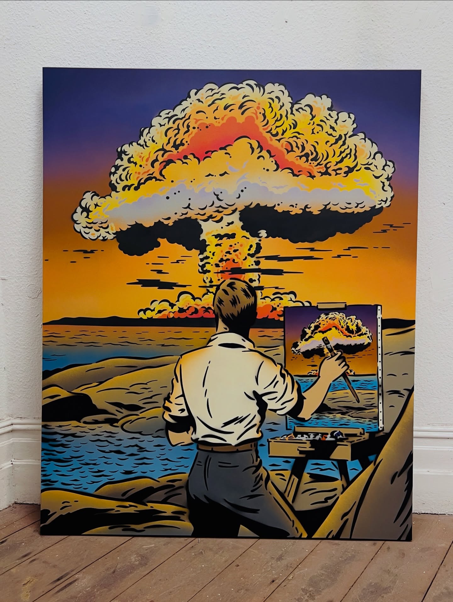 An artists job isn’t just to decorate walls. It’s to comment on the state of the world, to capture what others can’t. Even if the moment is catastrophic, the artist commits. Not out of fearlessness, but belief. Belief that documenting the truth matters. That art can outlast destruction. That witnessing is an act of hope, because meaning survives only if someone is brave enough to capture it.
60x48” spray paint on canvas.