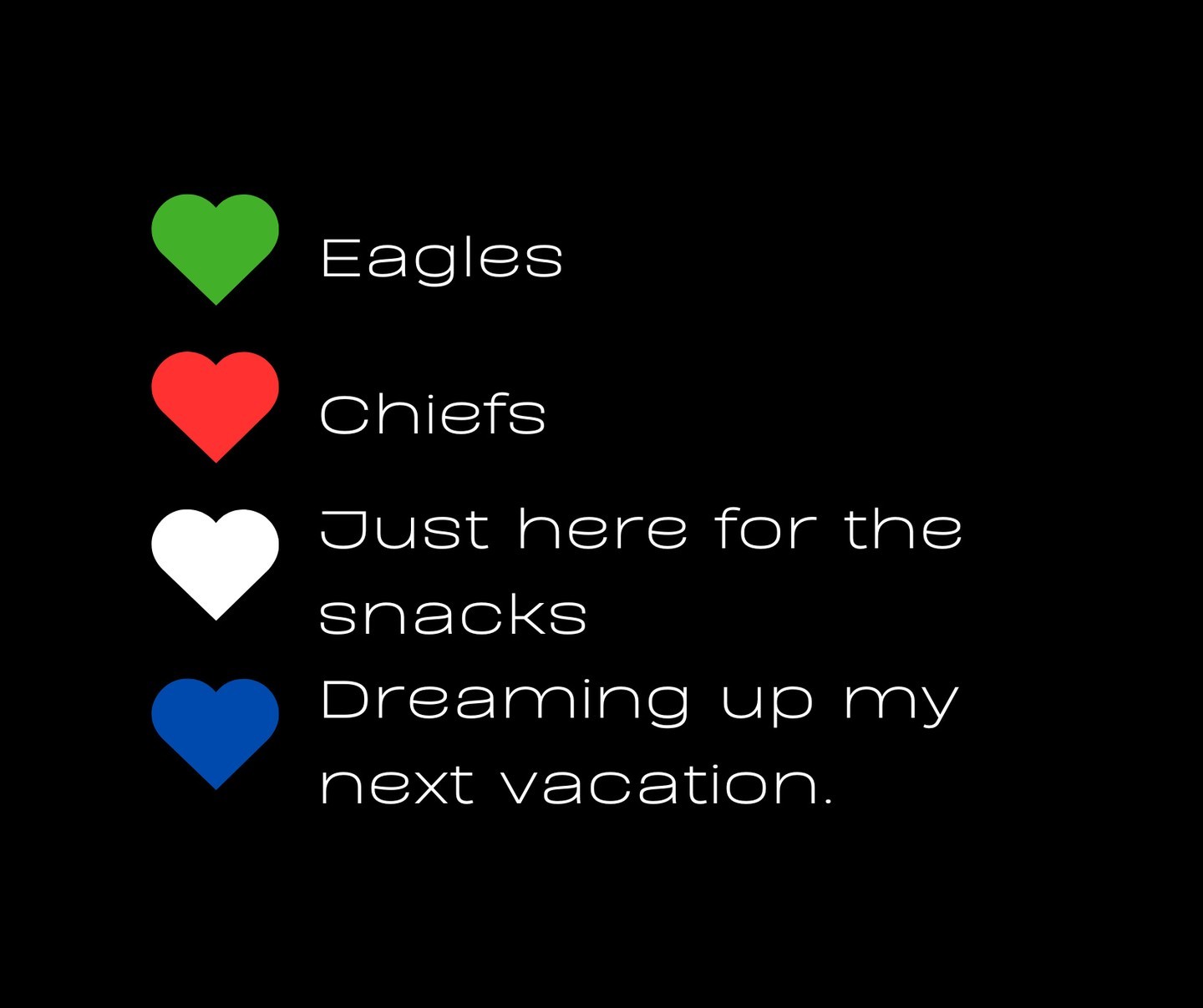 "Super Bowl poll! 🏈💚❤️🤍💙 Drop a heart to show where you stand:
💚 Eagles
❤️ Chiefs
🤍 Just here for the snacks
💙 Dreaming up my next vacation instead! ✈️🌍"
.
.
.
#nfl #superbowl2025 #superbowl #wheretonext #neverlostpanda #neverlosttravels #sunday #sundayfunday