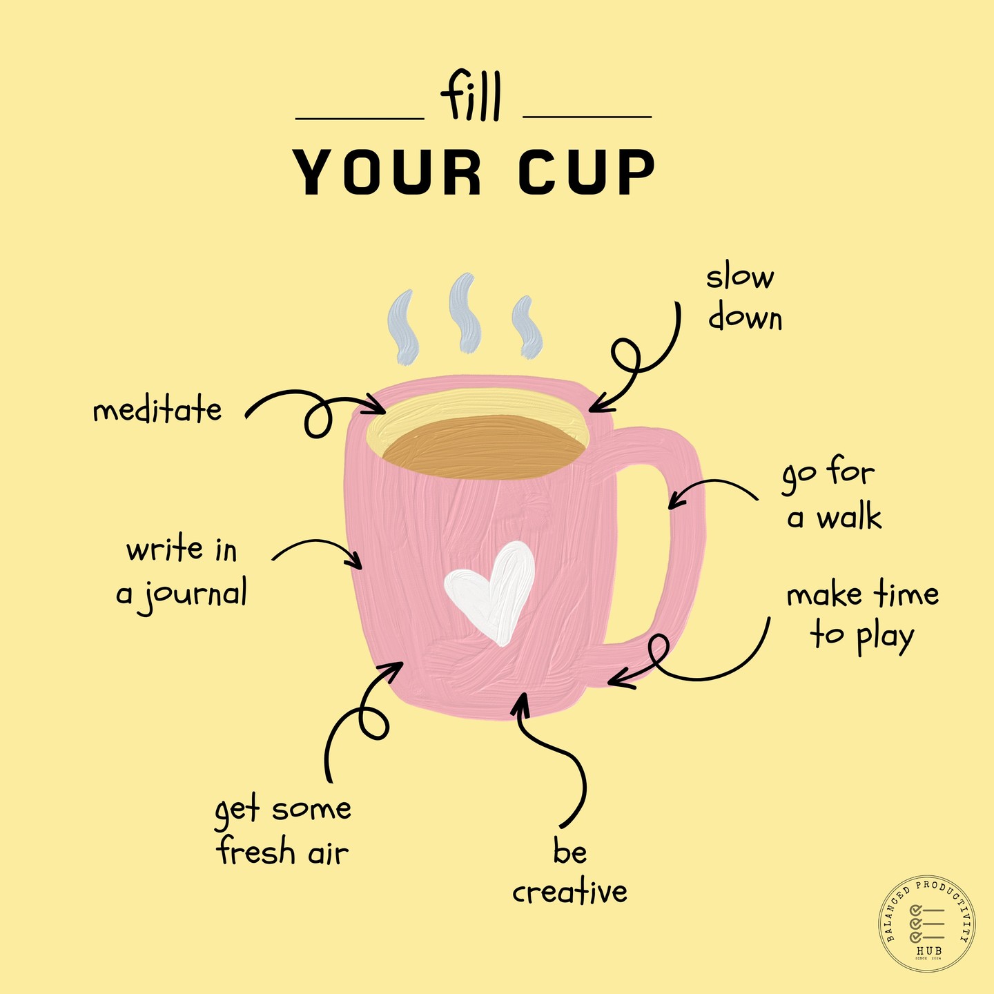 â Feeling drained? It's time to FILL YOUR CUP! â
Sometimes, productivity means taking a step back and prioritizing self-care. Here are a few simple ways to recharge and nurture your well-being:
* **Slow down:** Take a deep breath and savor the present moment.
* **Meditate:** Find a quiet space to clear your mind and cultivate inner peace.
* **Write in a journal:** Reflect on your thoughts and feelings.
* **Get some fresh air:** Go for a walk, hike, or simply step outside and soak up the sun.
* **Be creative:** Engage in activities that spark joy and inspiration.
* **Go for a walk:** Move your body and connect with nature.
* **Make time to play:** Embrace your inner child and have some fun!
Remember, you can't pour from an empty cup. Take time to replenish your energy and nourish your soul. âš
#selfcare #wellbeing #mentalhealth #mindfulness #productivity #recharge #fillyourcup #inspiration #motivation #takeabreak #slowdown #enjoythelittlethings #balancedproductivity