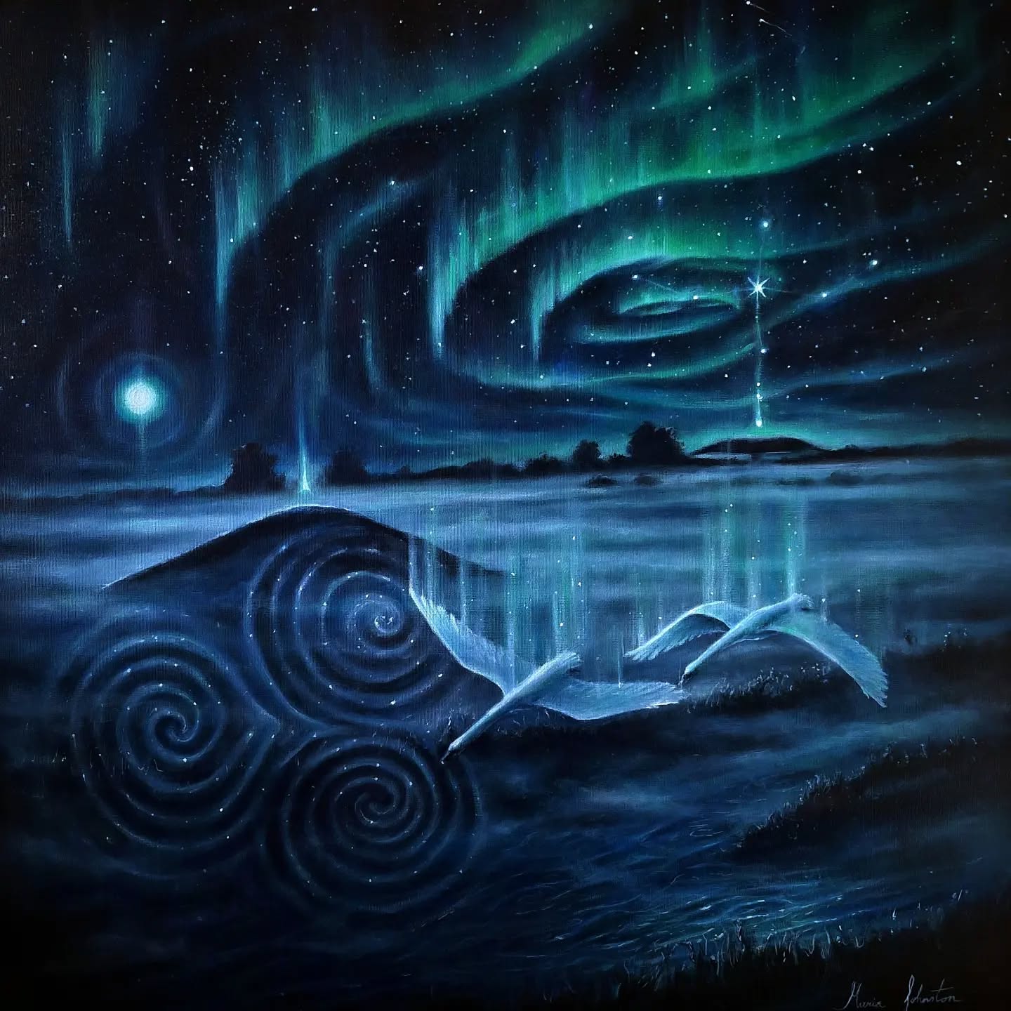 'Eitilt na Leannán Eala' (Flight of the Swan Lovers) - An ode to Óengus and Caer - The swan lovers of Irish mythology
Beannachtaí grianstad an gheimhridh daoibh go léir! Winter solstice blessings to you all! ☀️
May the light return bit by bit where there has been darkness, and may we be open to receiving it and allowing it to enter.
During this period of deep winter, I hope you all can create space for deep rest and replenishment as nature intends at this time. 🙏
Calling in more peace, tranquillity, grace, transformation, and unity for the world as symbolised by the swan.
Original and Prints available on pre-order
Mariajohnstonartist.com
@newgrangeandknowthopw
@mythicalireland
#Oengusandcaer #aengusandcaer #caer #wintersolstice #solstice #grianstad #grianstadangheimhridh #irishmythology #irishmyth #brunaboinne #newgrange #dagdascairn #knowthanddowth #cygnus #cygnus constellation #aurora #auroraborealis #swan #swanlovers #swans #swansymbolism #oilpainting #visionaryart #paintingreveal #solsticesun #Boyne #boynevalley #mythicalart