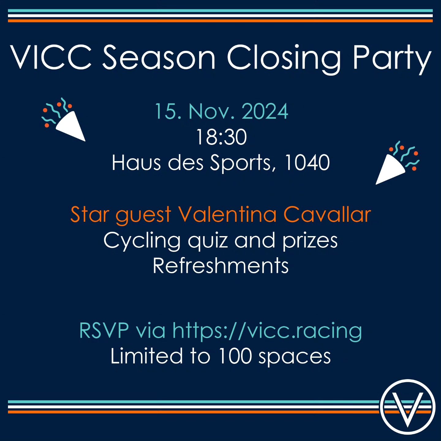 The Vienna International Cycle Club is inviting for its Season Closing event. We'll be hosting star guest @cavallar.valentina, mingle with the Viennese Cycling Community and close-up with a quiz where you can win cycling related goodies.