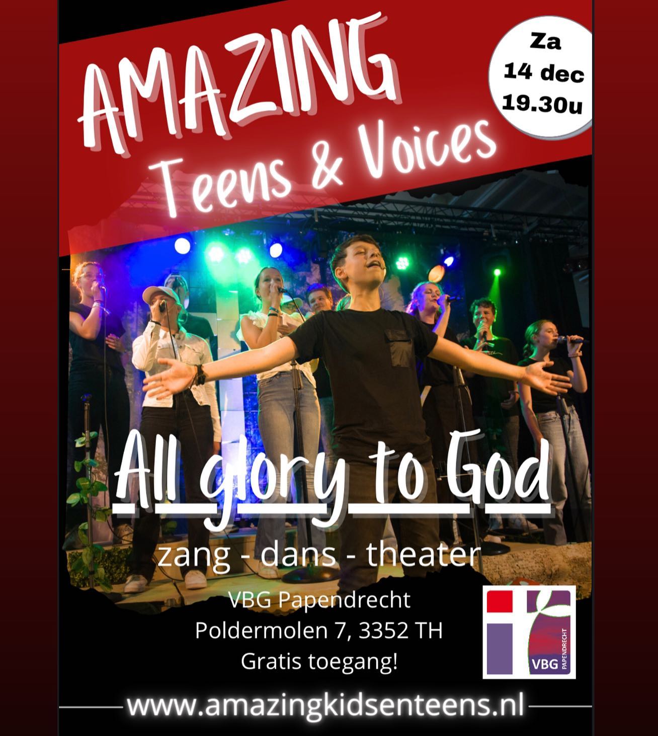 Aanstaande zaterdag spelen de Teens en Voices de nieuwe voorstelling: All Glory To God, in de Baptistengemeente Papendrecht, het begint om 19:30.
Ben jij erbij?✨
Toegang is gratis!
#amazing #amazingteensenvoices #leuk #voorstelling #christelijk #kerst #evangelisatie #allglorytogod #dans #zang #baptistengemeente #papendrecht #optreden #feest #zangendans