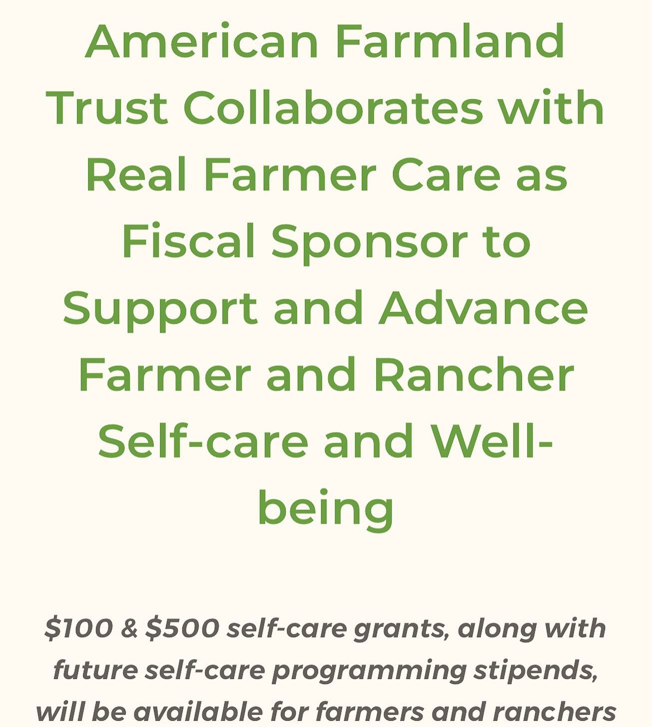 đąExciting announcement!đą
American Farmland Trust @americanfarmlandtrust Collaborates with Real Farmer Care @realfarmercare as Fiscal Sponsor to Support and Advance Farmer and Rancher Self-care and Well-being.
$100 & $500 self-care grants, along with future self-care programming stipends, will be available for farmers and ranchers across the country through Real Farmer Care.
Press release at link in bio to learn more.
#realfarmercare #americanfarmlandtrust #farmerselfcare #farmerwellbeing