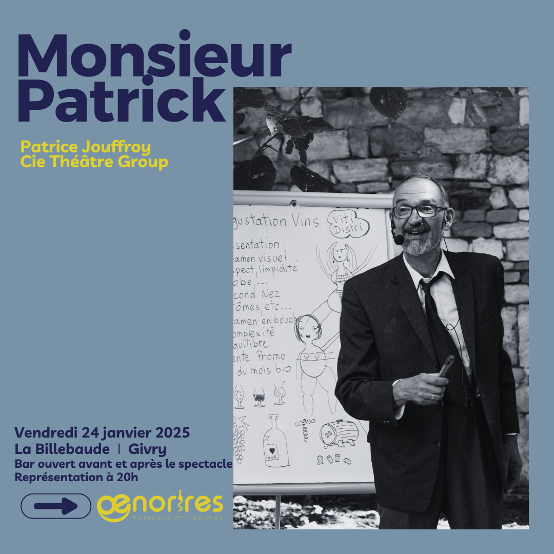On est très fiers d'accueillir ce spectacle de Théâtre Group', une compagnie renommée des arts de rue, habituée de @chalondanslarue . Cette fois-ci ce sera au coin du feu, à la Billebaude à Givry !
Monsieur Patrick, est oenologue-démonstrateur. Depuis des années, il se déplace pour faire goûter ses produits au public. Monsieur Patrick parle des vins qu’il débouche, questionne ses auditeurs, explique les bases d’une dégustation. Il donne aussi son avis sur à peu près tout… Et souvent, il dérape ! C’est qu’il n’est pas très frais, il a déjà quelques dégustations dans le nez. Alors il se laisse aller, se raconte, parle des mots du vin qui sont aussi les maux de la vie. Avec Monsieur Patrick, si l’on apprend bien des choses sur l’art de boire, on découvre surtout ce qui se cache derrière ce personnage au cœur tendre…
.
.
.
. #oenorires #oenorires2025 #festival #theatre #humour #spectacle #degustation #vin #vinsdebourgogne #givry #legrandchalon #saoneetloire #bourgogne #igersbourgogne #seulenscene @amuserie