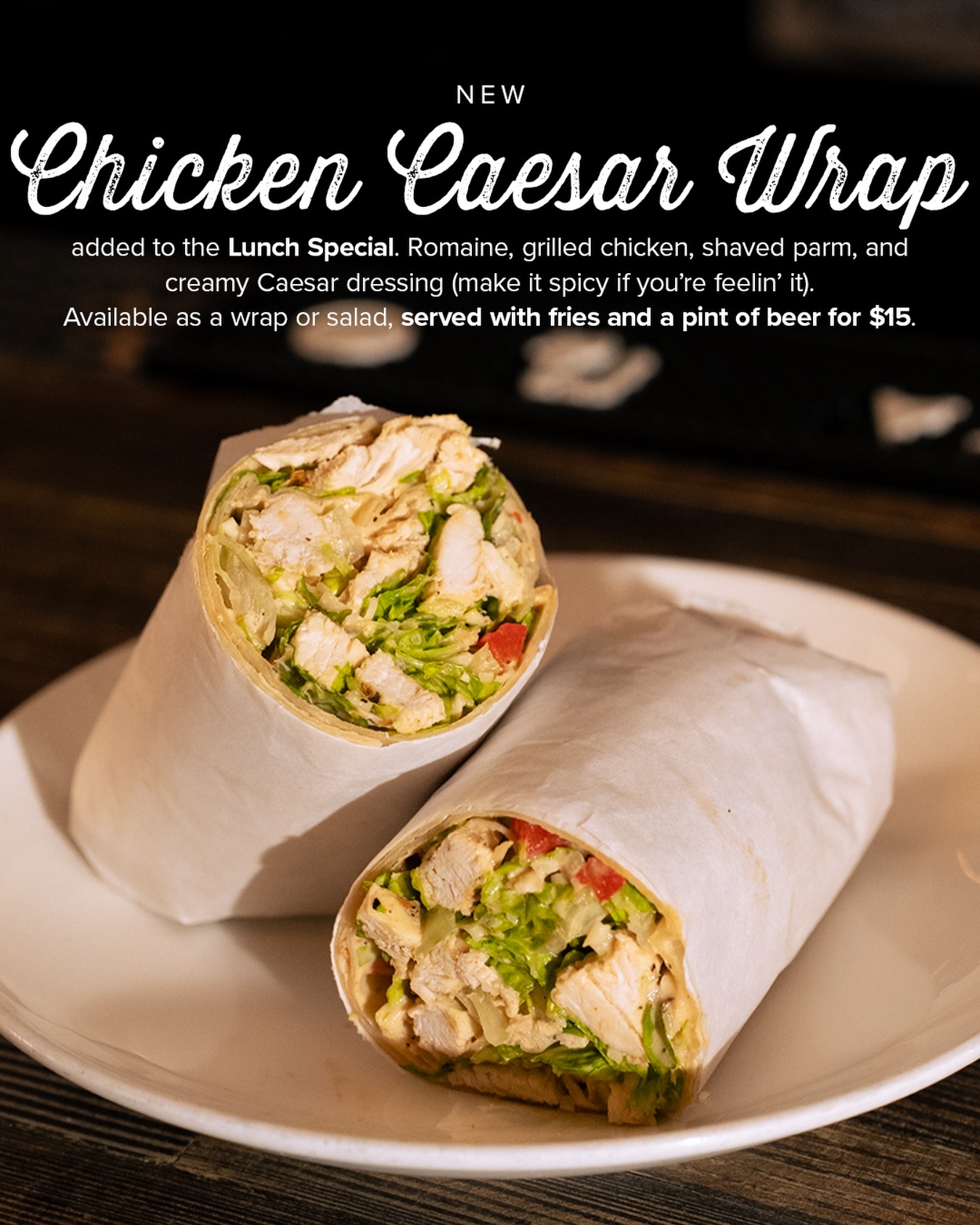 Meet the Chicken Caesar Wrap — crisp romaine, grilled chicken, shaved parmesan, and Caesar dressing all wrapped up (or served as a salad if that’s your vibe).
🔥 Feel like turning up the heat? Make it spicy.
Grab it as part of our $15 Lunch Special — includes fries and a pint of beer.
📍 Weekdays | 12–4pm
#LunchSpecial #ChickenCaesarWrap #AstoriaEats #NYCLunch #ThePomeroy LunchVibes