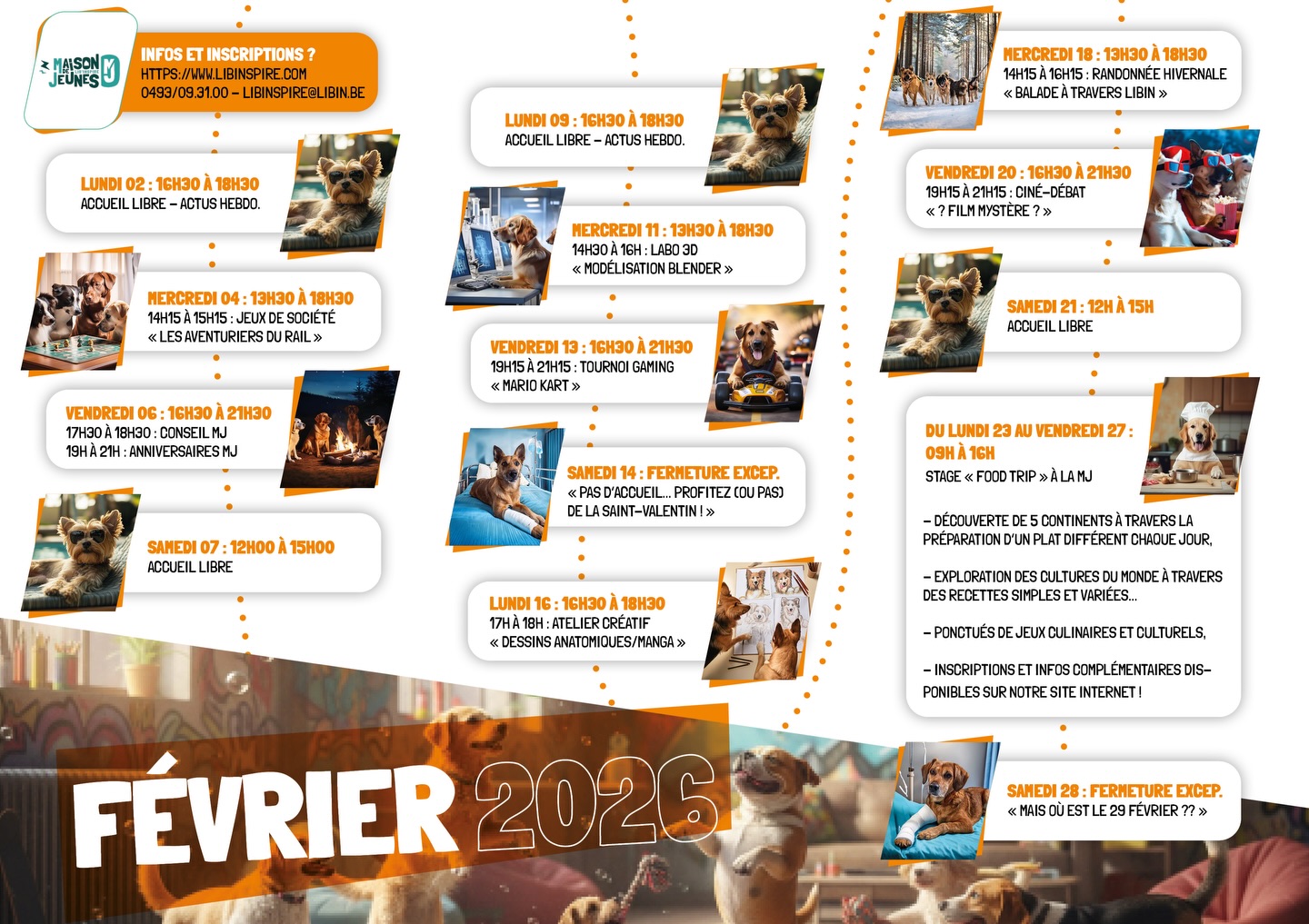 💘 Février débute bientôt, alors découvrez tout ce que l’on vous propose dès maintenant :
Ateliers créatifs, jeux, sorties et moments chill sont au programme pendant tout ce mois dédié à l’amour ! 💝
👉 Toutes les inscriptions se font via notre site internet :
https://www.libinspire.com/
❓ Une question ou un souci ?
Contactez-nous par mail, téléphone, commentaires, réseaux sociaux ou via le formulaire du site internet.