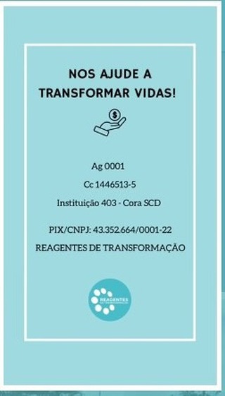 Um convite especial para você que acredita na transformação social.
Faça parte da ONG Reagentes.
Mesmo que você não tenha disponibilidade para atuar como voluntário, a sua contribuição financeira pode fazer toda a diferença. ✨
A doação recorrente nos ajuda a planejar, organizar e ampliar nossas ações.
Mas, se não for possível contribuir mensalmente, não tem problema: doações pontuais também transformam vidas. Doe aquilo que for confortável para você.
Com os recursos arrecadados, conseguimos:
✔ garantir o traslado das crianças para atendimentos de saúde;
✔ comprar materiais escolares e lanches para os encontros;
✔ apoiar pessoas em situação de rua;
✔ produzir mantas térmicas com caixinhas Tetra Pak;
✔ manter a estrutura administrativa do projeto funcionando.
Cada contribuição é um passo a mais na construção de um futuro com mais dignidade, cuidado e oportunidades. 🌱
🤝 Contamos com você.
Doe, apoie e faça parte dessa história.