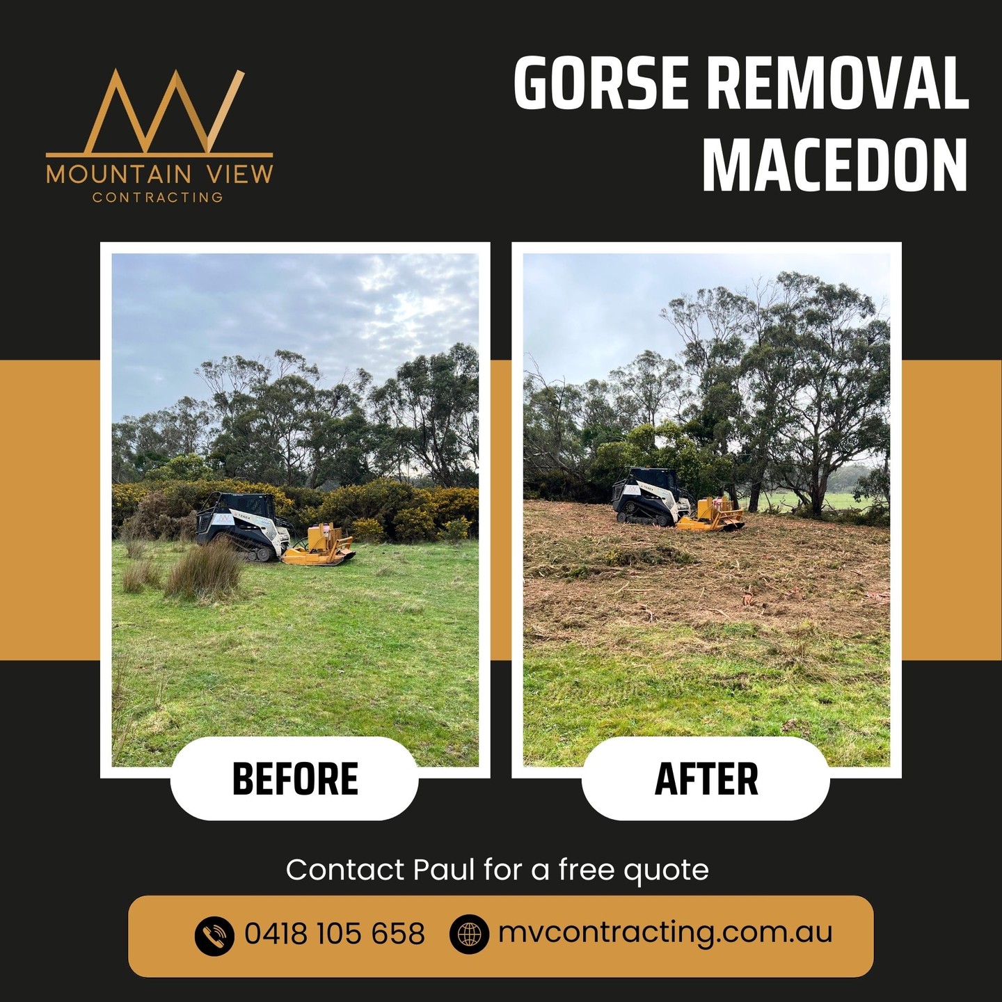 Before and after: Gorse, gone! 🌿 A previous project done and dusted in Macedon. Want results like this? Contact Paul for a free quote and see what MVC can do for your property.
e: info@mvcontracting.com.au | w: mvcontracting.com.au
.
.
.
.
#mountainviewcontracting #mvcontracting #earthworks #gisborne #macedonranges #ballarat #mitchellshire #creswick #daylesford #trentham #glenlyon #ashbourne #tylden #lyonville #hepburnshire #mtalexandershire #harcourt #castlemaine #maldon #woodend #lancefield