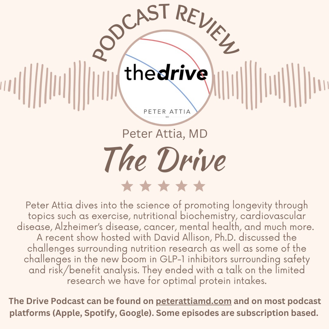 Podcast Review!
Peter Attia, MD hosts a great podcast discussing a variety of topics surrounding health and longevity. His podcast is subscription based, but snippets of most episodes can be listened to on many platforms.
A recent free episode dug into a different view than is common for Dr. Attia as they discussed some of the challenges that surround nutrition research and why it can feel like we are not making progress in this realm. They discussed some of the moral dilemmas around GLP-1 inhibitors which included an interesting discussion around the risk vs benefits analysis for those looking to use these drugs for health vs aesthetic reasons. They also briefly discussed how the guidelines for protein intake may not be as solid as we think.
Give it a listen and stay tuned on the blog for more!
-
#dietitansofig #thedrive #nutritionresearch #nutritionpodcast #nutritionblogger
