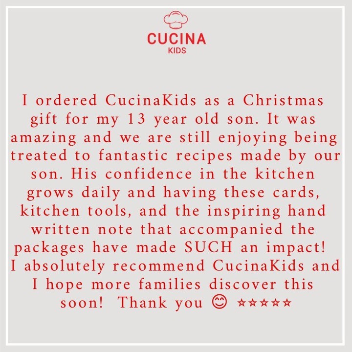 I found this review that someone had written and it made me smile. So happy and proud that my boxes are making a difference!
👨🍳Matteo
#cucinakids #cucinakidscook #kidswhocook #kidchefs #kidschristmasgifts #christmasideasforkids #canadiankids #kidsinthekitchen
