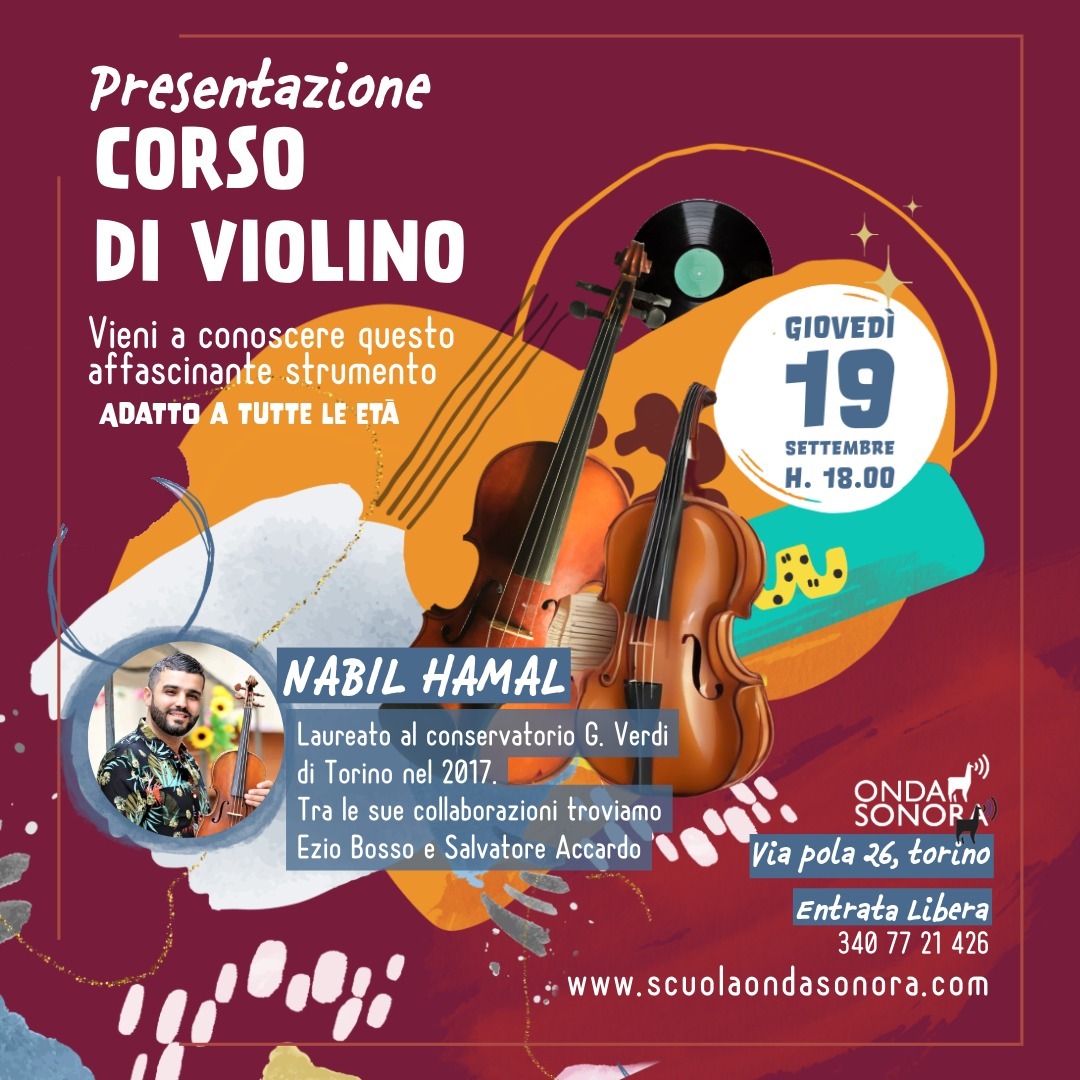 Corso di Violino?
Ora c'è!
Vieni a conoscere questo affascinante strumento alla presentazione del corso di Giovedi 19 SETTEMBRE alle 18.00 nella nostra sede di via Pola 26, Torino.
Adatto ai curiosi di ogni età!
Potrete conoscere il nostro insegante, che suonerà per voi e, se vorrete protete provare direttamente voi a suonare il violino!
Entrata libera
Guarda i dettagli e chiedi informazioni sul nostro sito: www.scuolaondasonora.com/violino