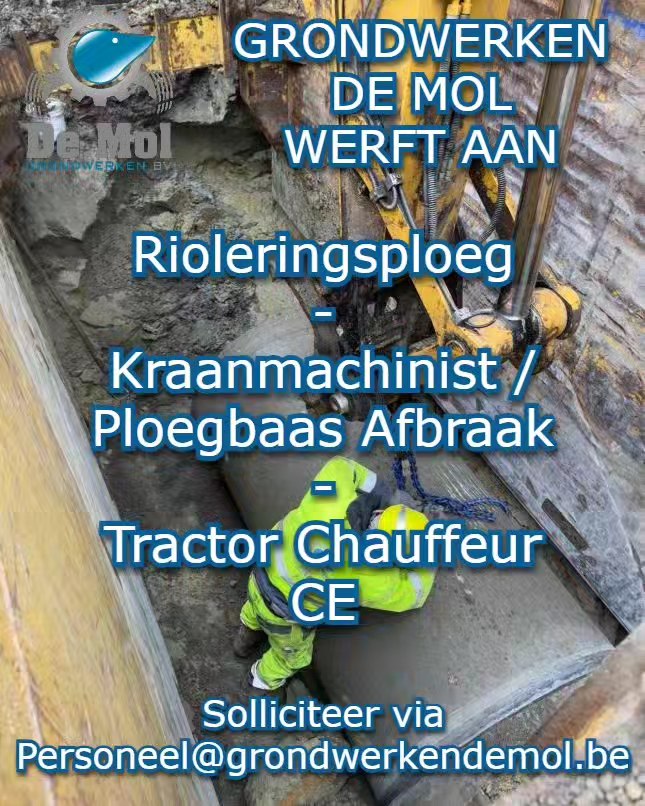 📣📣📣 Grondwerken De Mol blijft groeien dus de zoektocht gaat verder:
- Rioleringsploeg 👬👬
- Kraanmachinist Ploegbaas Afbraak ⚒
- Tractor Chauffeur CE 🚜
❗️❗️❗️🔍WORD JIJ DE MOL 🔎❗️❗️❗️
📧 MAIL ONS: personeel@grondwerkendemol.be
📱BEL ONS: 09/337.70.56
✍️SCHRIJF ONS 🫵
https://www.grondwerkendemol.be/vacatures
#grondwerken #tractorchauffeur #handarbeider #grondwerker #rioleringsploeg #wegenwerken #wegenbouwers #wegenbouw #afbraakwerken #kraanman #kraanmachinist #ploegbazen #ploegbaas #teamdemol #vacatures