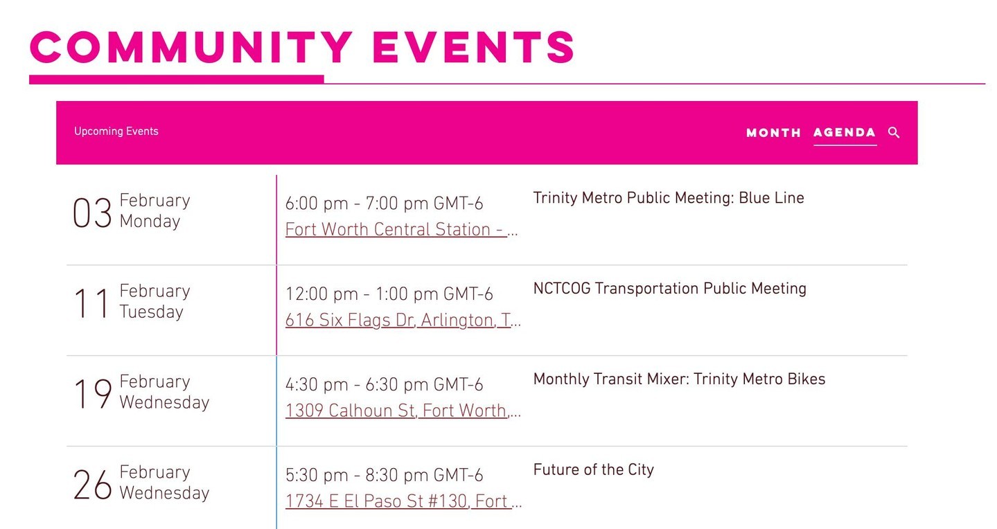 Did you know our website features community events happening in the DFW metroplex?
This calendar, located on our home page, is regularly updated with public meetings, mixer events, young professional opportunities, and more.
If you find an event that strikes your fancy, you can directly add it to your preferred digital calendar. Explore all opportunities using the link in our bio!
#communitydesignfortworth #communityevents #dfwtransit #fortworthplanning