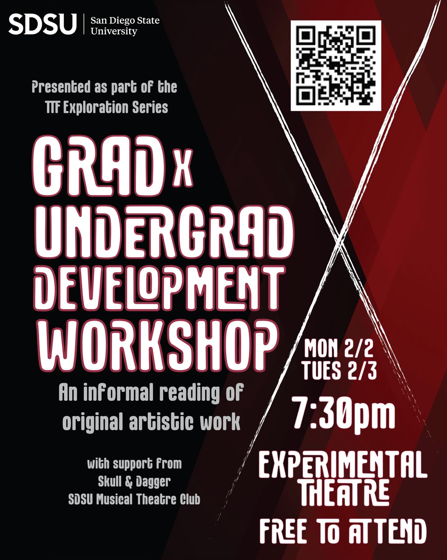 I wrote a 10 minute play yall! One thing grad school has done is pushed me beyond my comfort zone and showed me that awesome thinhs are possible when you say yes to creative growth and don’t let perfectionism get the best of you. Grateful for my cohort and especially my dear friend Rebecca who believes in parts of me that sometimes I can’t even see…yet 🫶🏾
I had the pleasure to direct one of her plays and I’m looking forward to my play being heard by an audience for the first time! If you are reading this, YOU ARE INVITED! Learn more below:
Join us at GRAD X UNDERGRAD 2026. An an informal reading of original artistic work created by SDSU graduate students, and performed exclusively by SDSU undergraduate students. Featuring plays and musicals written and directed by Rebecca Murillo, Alexander Ameen, Courtney Corey, Ajay Junious, Brett Puppilo, Megs Levi, Anthony Methvin, and Levi Berson. Presented with the support of Skull & Dagger and SDSU Musical Theater Club.
When: Showing February 2nd and 3rd at 7:30pm
Where: San Diego State University (Experimental Theater)
FREE to attend, no tickets required.