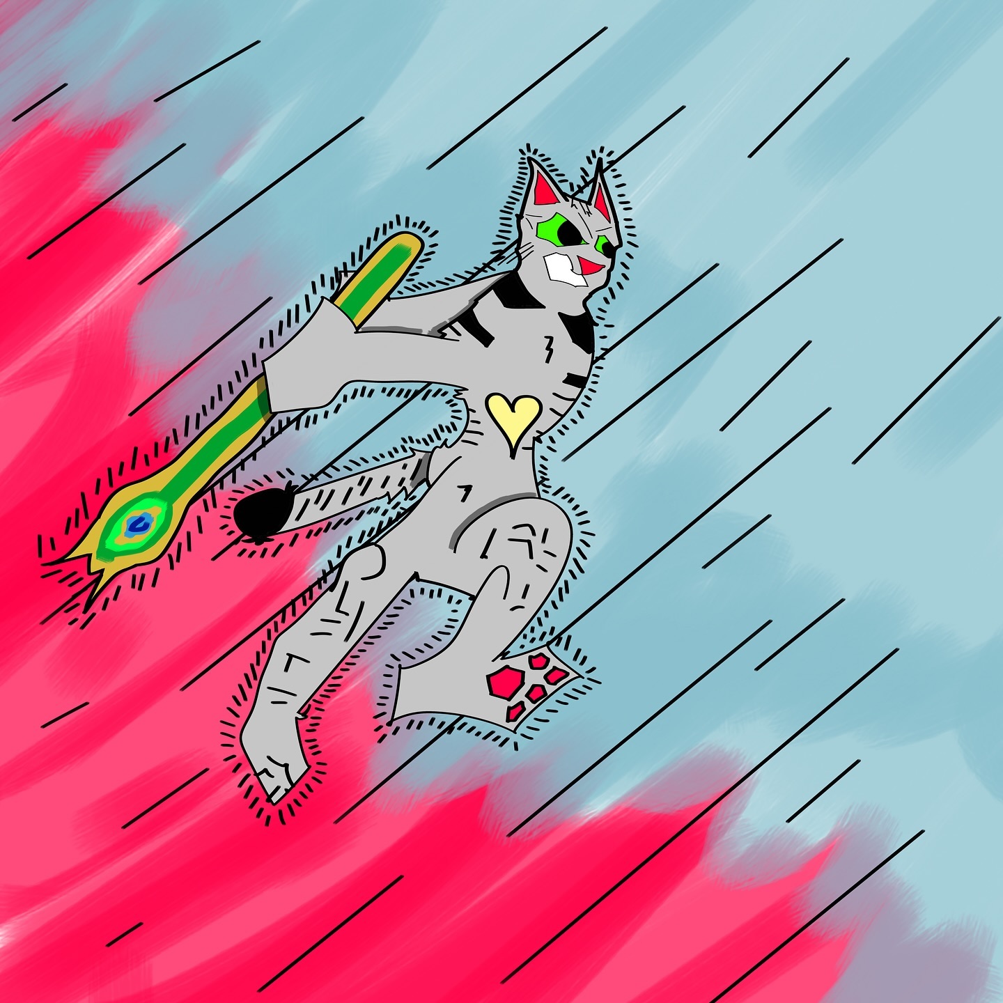 Lana Leopard leaps through the rain with peacock staff in hand to try to stop the evil Sam aka Samurai from poisoning the human water supply.
Check out the game Meow Alpha in the links in the bio!
Play for free on your phone!