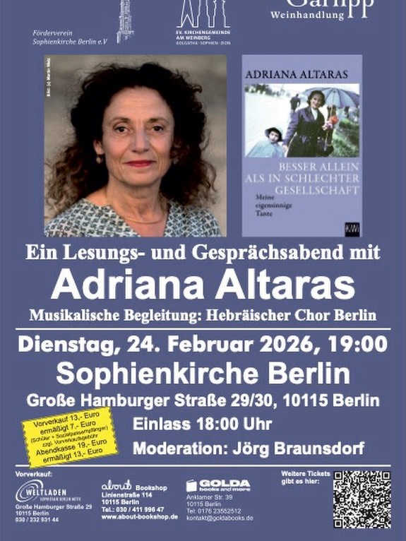 Am 24. Februar wird der Hebräische Chor Berlin den Lesungs- und Gesprächsabend mit Adriana Altaras musikalisch begleiten. Auch hierzu sind Sie herzlich eingeladen.
On 24 February, the Hebrew Choir Berlin will provide musical accompaniment for the reading and discussion evening with Adriana Altaras. You are also cordially invited to attend.