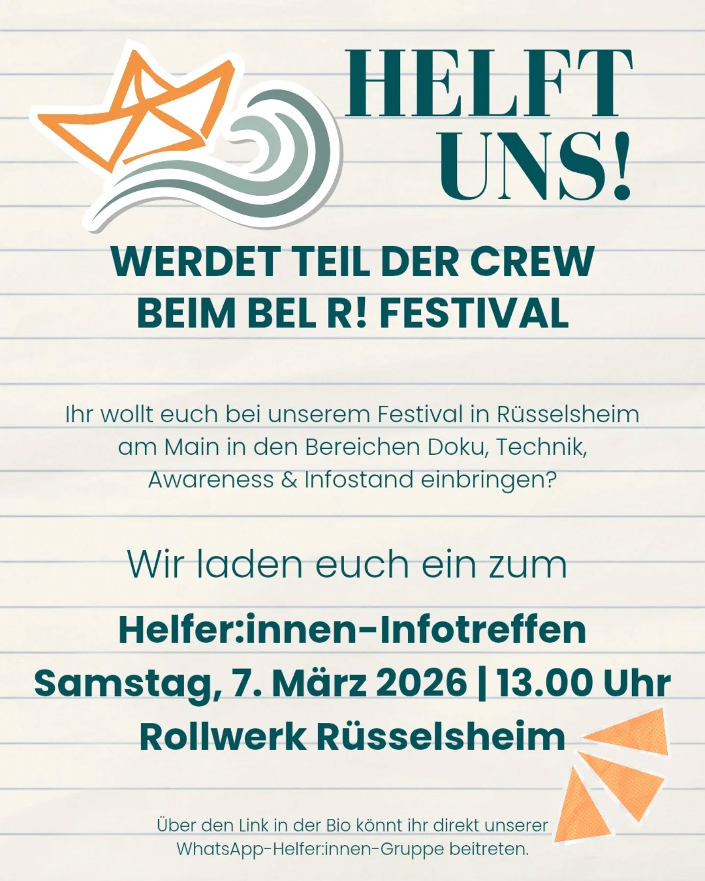 Blockt eure Kalender, schraubt die Vorfreude hoch, der Helfer:innencall für 2026 ist live 🫰🏻 Bel R! ohne die Crew (das seid ihr!) wär' nicht mal halb so freudig – und deshalb brauchen wir auch in diesem Jahr eure Unterstützung.
Wir suchen im Zeitraum vom 12. bis 18. Mai (Auf- und Abbautag plus fünf Tage Festival) Leute für die Bereiche Dokumentation, Technik, Awareness & Infostand 💛 Um zu helfen, ist es nicht nötig, an allen fünf Festivaltagen verfügbar zu sein!
Kommt zum Infotreffen am 7. März um 13 Uhr im @rollwerk428 und lernt uns kennen 🔥 Alle weiteren Infos im Linktree in der Bio! Schreibt uns eine DM, wenn ihr vorab Fragen habt.