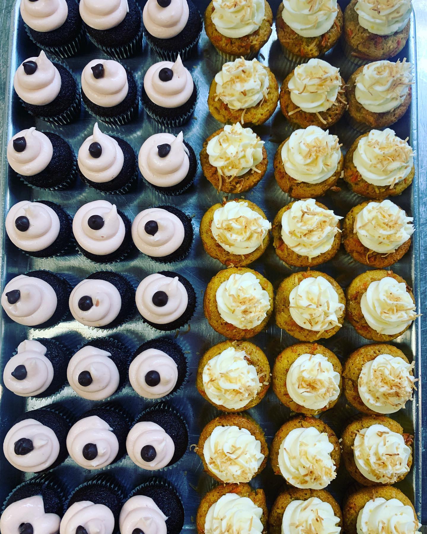 Cupcakes: Devil’s food chocolate with raspberry frosting or Carrot cake with lemon frosting.